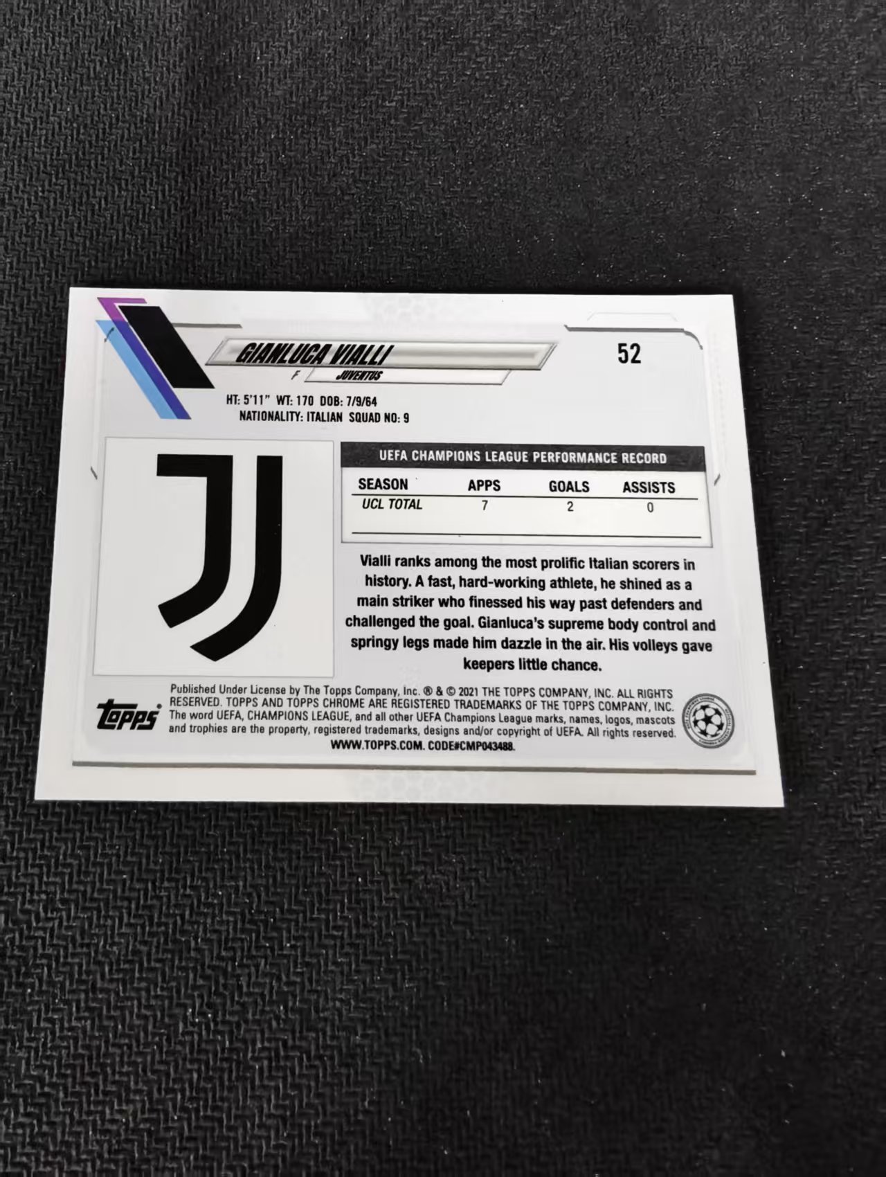 【可合并,不累计】2021 Topps Chrome gianluca vialli 詹卢卡 维亚利 尤文图斯 欧冠 碎花折 碎点折 划痕 边角瑕疵 #52