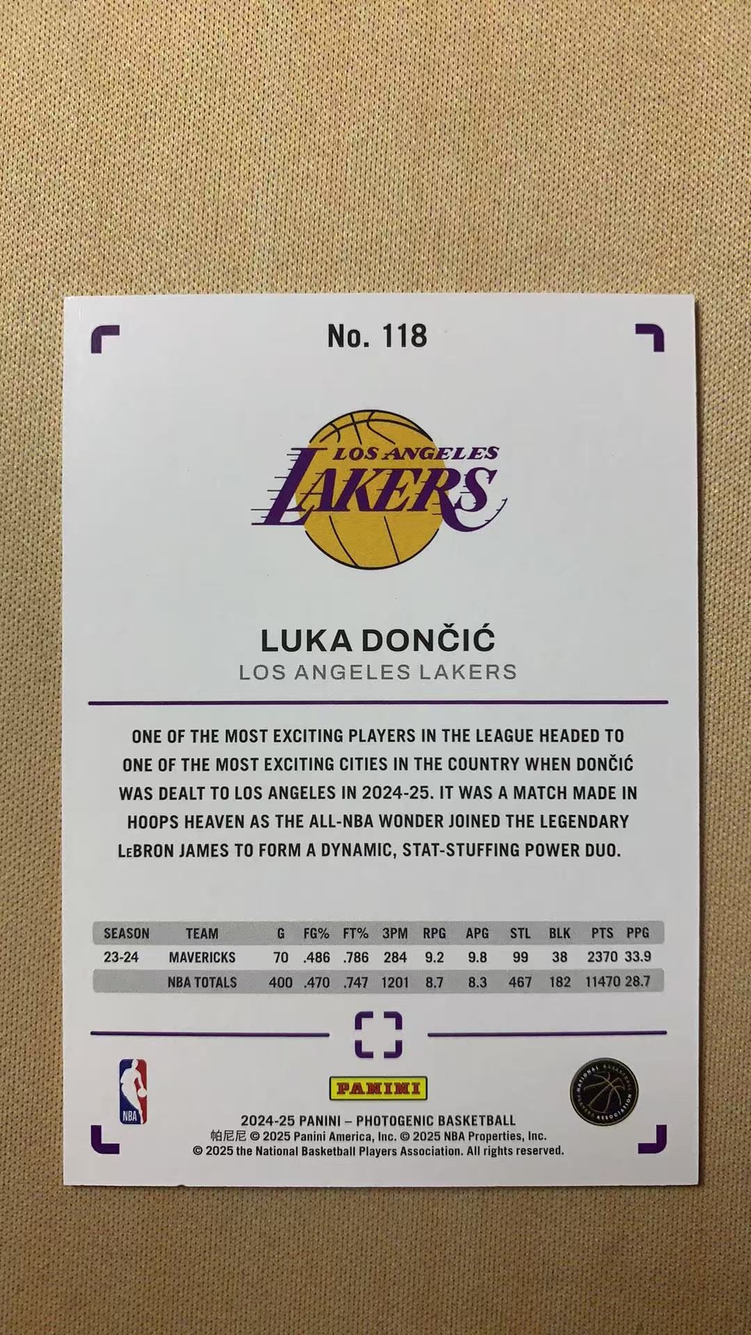 2024-25 Panini Photogenic Luka Doncic #118 卢卡 东契奇 上镜 卡品如图 徽煌杯代卖 蹊