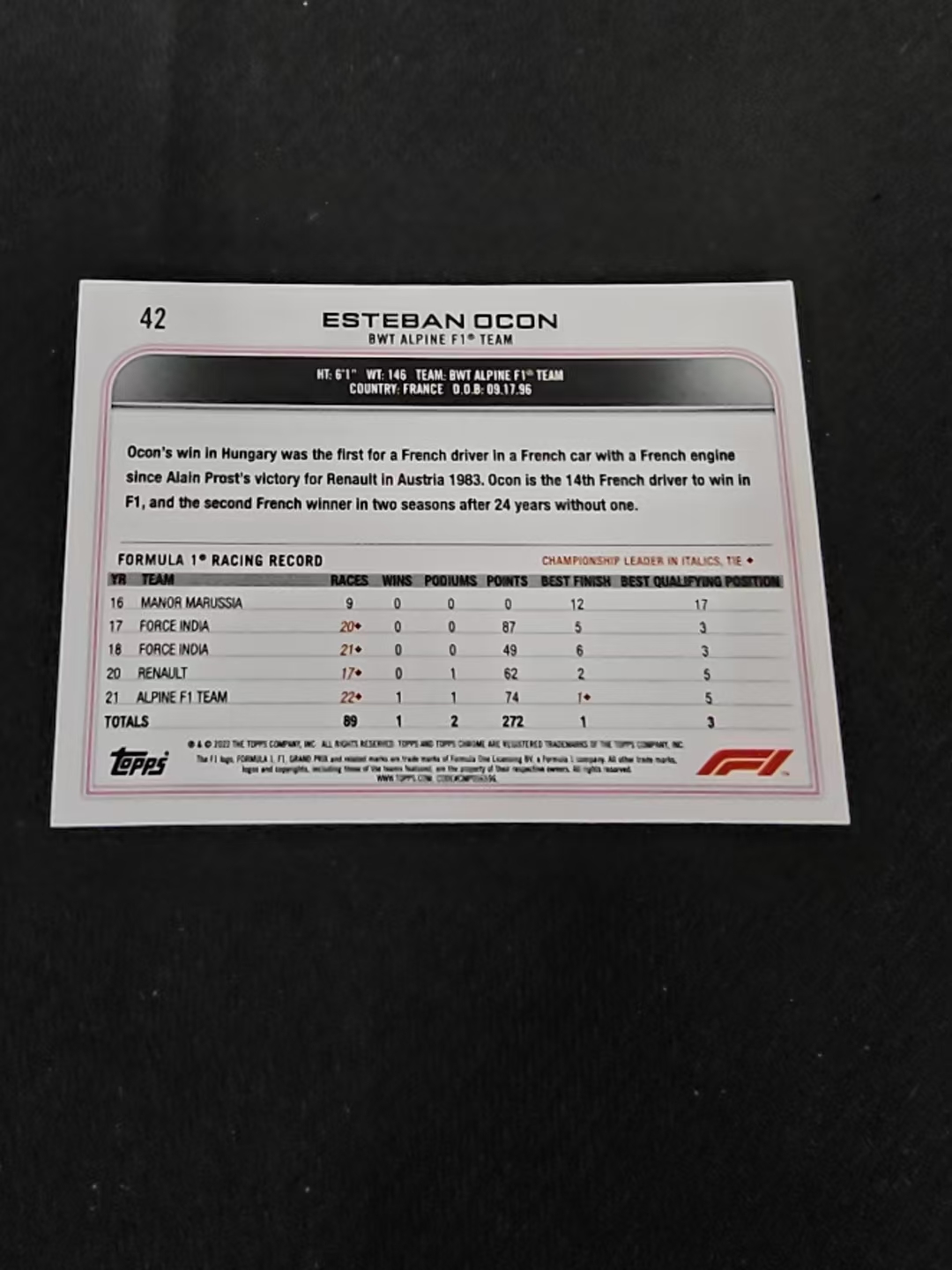 2022 Topps Chrome Esteban Ocon F1 阿尔滨车队 埃斯特班 奥康 划痕 边角瑕疵 #42