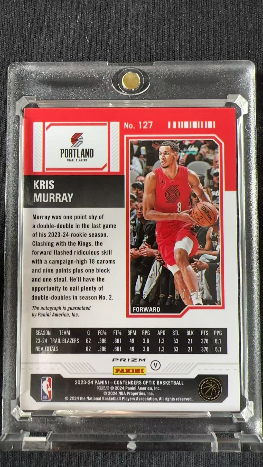 2023-24 Panini Contenders Optic Kris Murray RC 克里斯 穆雷 默里 01/13编 RC 签字卡签球票OP 变化版 折射 篮球卡品如图 【stoch】