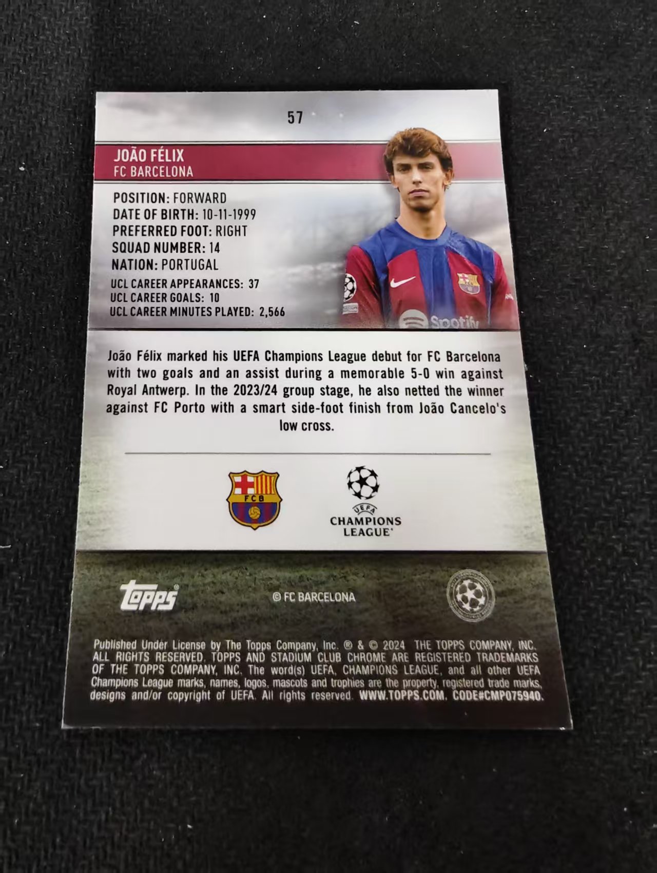 【可合并,不累计】2024 Topps Stadium Club Chrome Joao Felix 若奥 菲利克斯 巴塞罗那 竞技场 欧冠 不保卡品 介意勿拍 #57