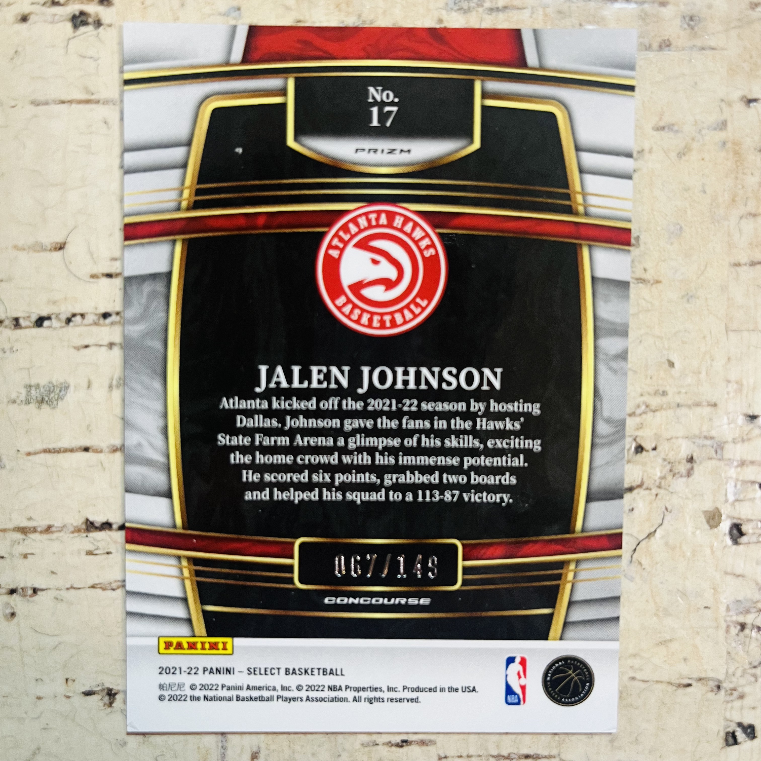 2021-22 Panini Select Jalen Johnson RC 新秀 老鹰 杰伦 约翰逊 限量 149编 正白折 color match 一级 稀有折射 凑彩虹必备 背面左上有个白点图二