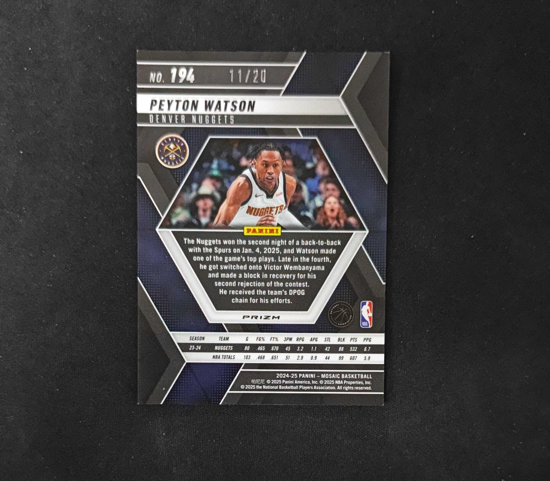 2024-25 Panini Mosaic Peyton Watson 【SC拍卖】马赛克 掘金 沃特森 11/20编 粉泡泡 瑕疵如图收藏必备(扭哥)