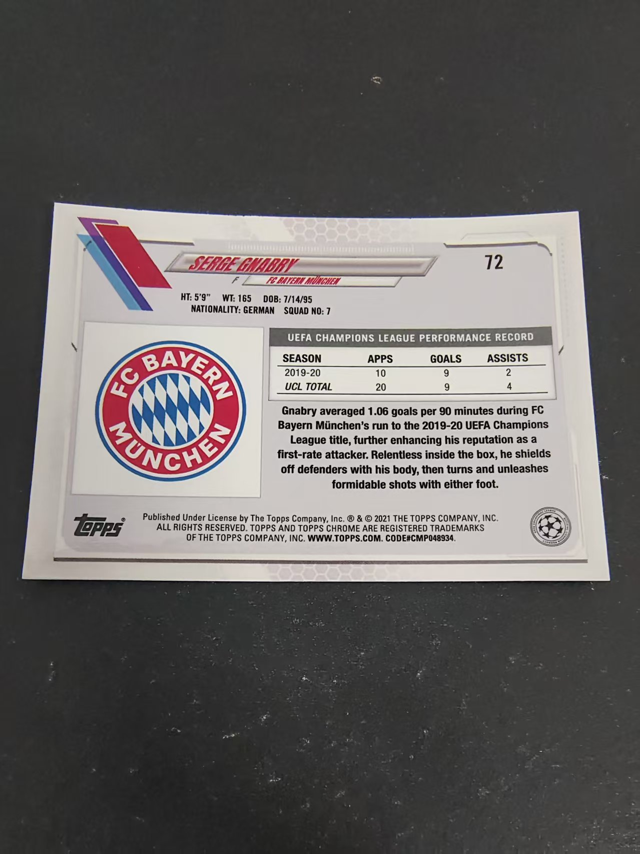 【可合并,不累计】2021 Topps Chrome Serge Gnabry 欧冠 拜仁 格纳布里 划痕 边角瑕疵 @72