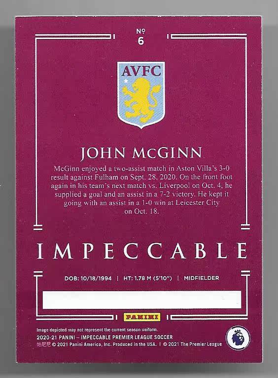 2020-21 Panini Impeccable John McGinn (鸿英收藏社)2020-21 Panini 英超 小真金 阿斯顿维拉 麦金 75编 球星卡 51/75