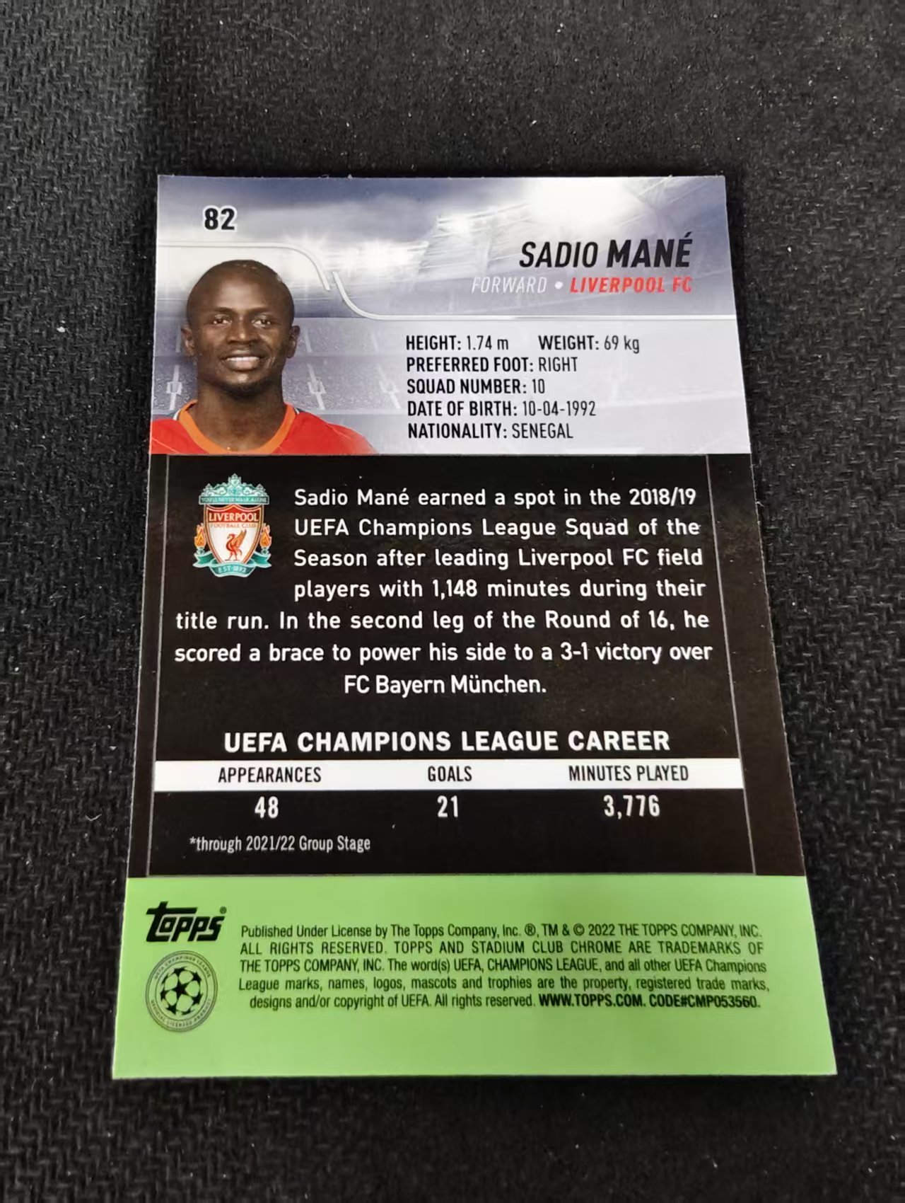 【可合并,不累计】2022 Topps Stadium Club Chrome Sadio Mane 萨迪奥 马内 利物浦 欧冠 竞技场 不保卡品 介意勿拍 #82