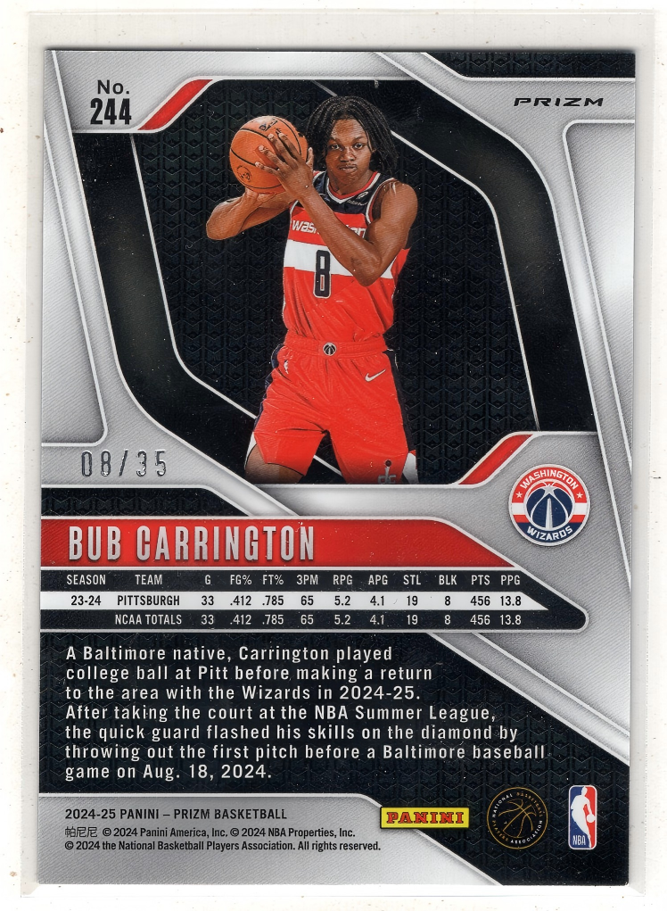 2024-25 Panini Prizm Bob Carrington RC 【来拆波卡】奇才 鲍伯 卡灵顿 卡林顿 新秀 蓝shimmer折 8/35编 同背 jjdk