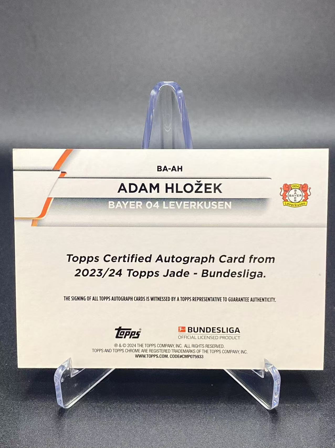2024 【六六代卖 预付快速回款】 TOPPS Adam Hlozek 赫洛泽克 赫洛热克 捷克 勒沃库森 德甲 碧玉 签字 绿玉折(Fiao04)