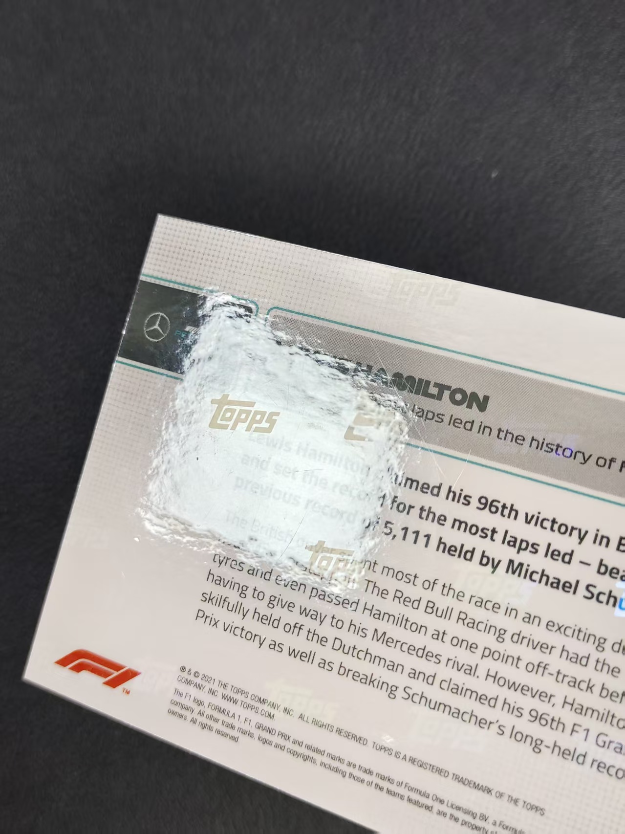 2021 Topps Now Lewis Hamilton F1 汉密尔顿 梅奔 新纪录:F1历史上最多圈数领先 收藏必备 卡品如图 CH