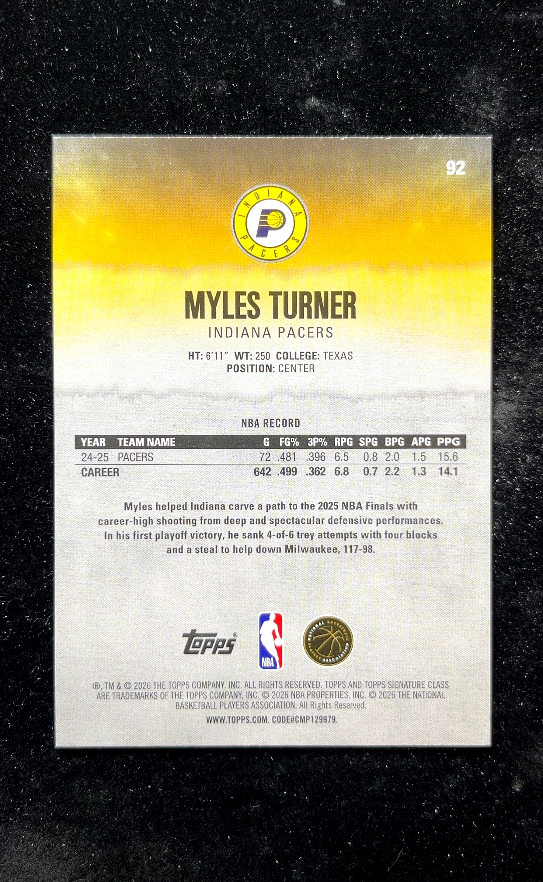 【小白1%代卖】2026 Topps Signature Class Round Pick 1 首轮选秀 Myles Turner 迈尔斯·特纳 卡品如图 高价值 #92 Indiana 0623