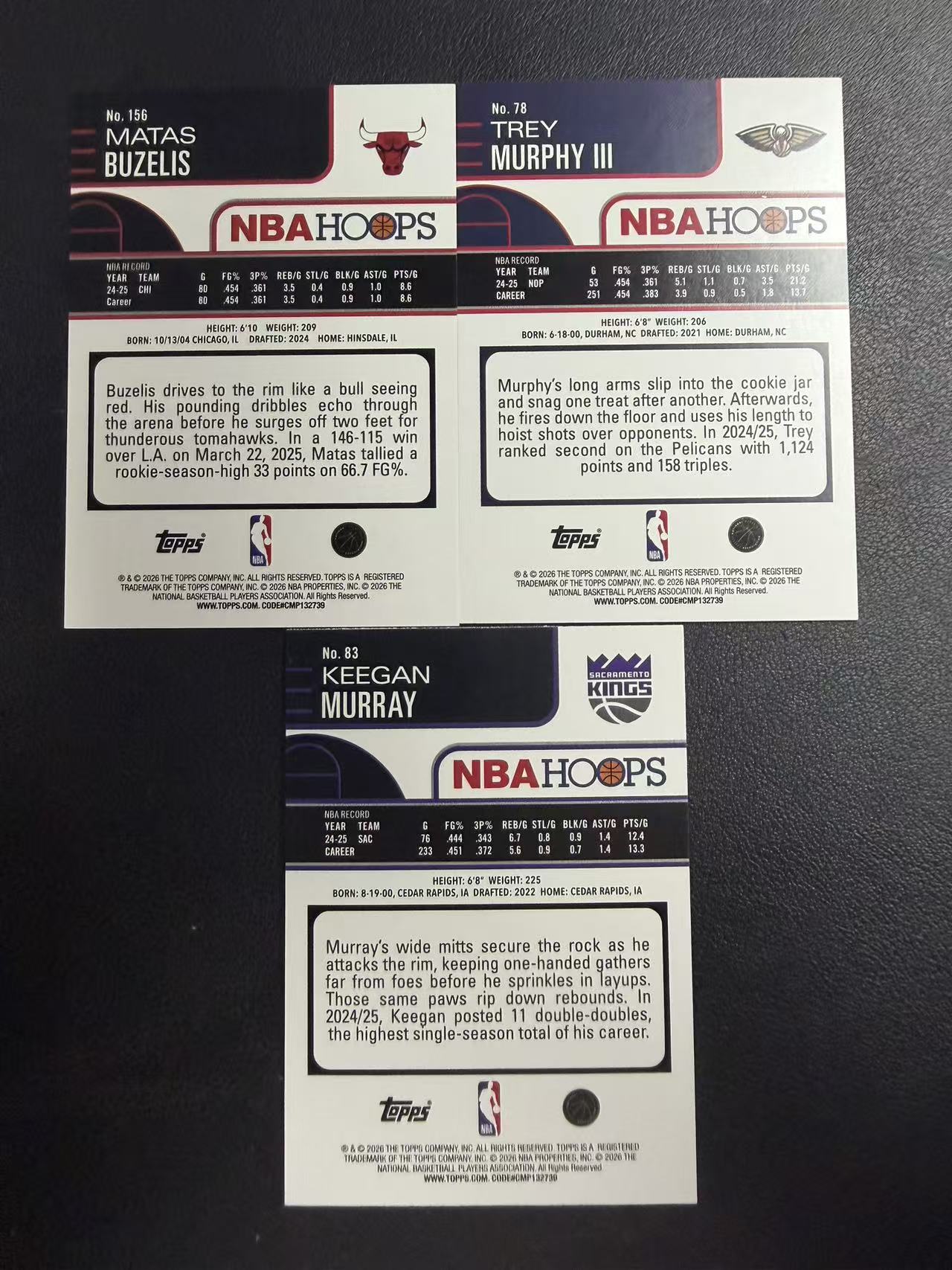 2025-26 Topps Hoops Matas Buzelis 马塔斯 布泽利斯 50编 金折 特里 墨菲 三世 25编 橙格子折 基根 穆雷 299编 青折 卡品如图 跑跑