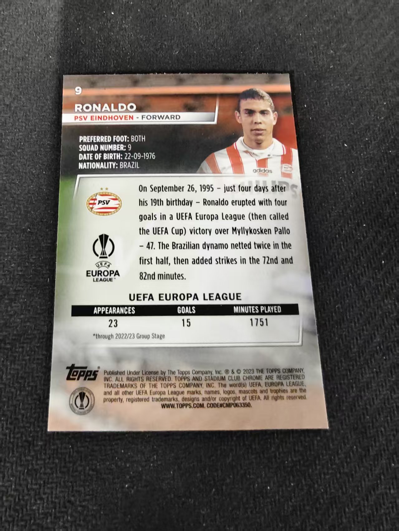 【可合并,不累计】2023 Topps Stadium Club Chrome ronaldo 埃因霍温 罗纳尔多 大罗 欧冠 竞技场 不保卡品 介意勿拍 #9