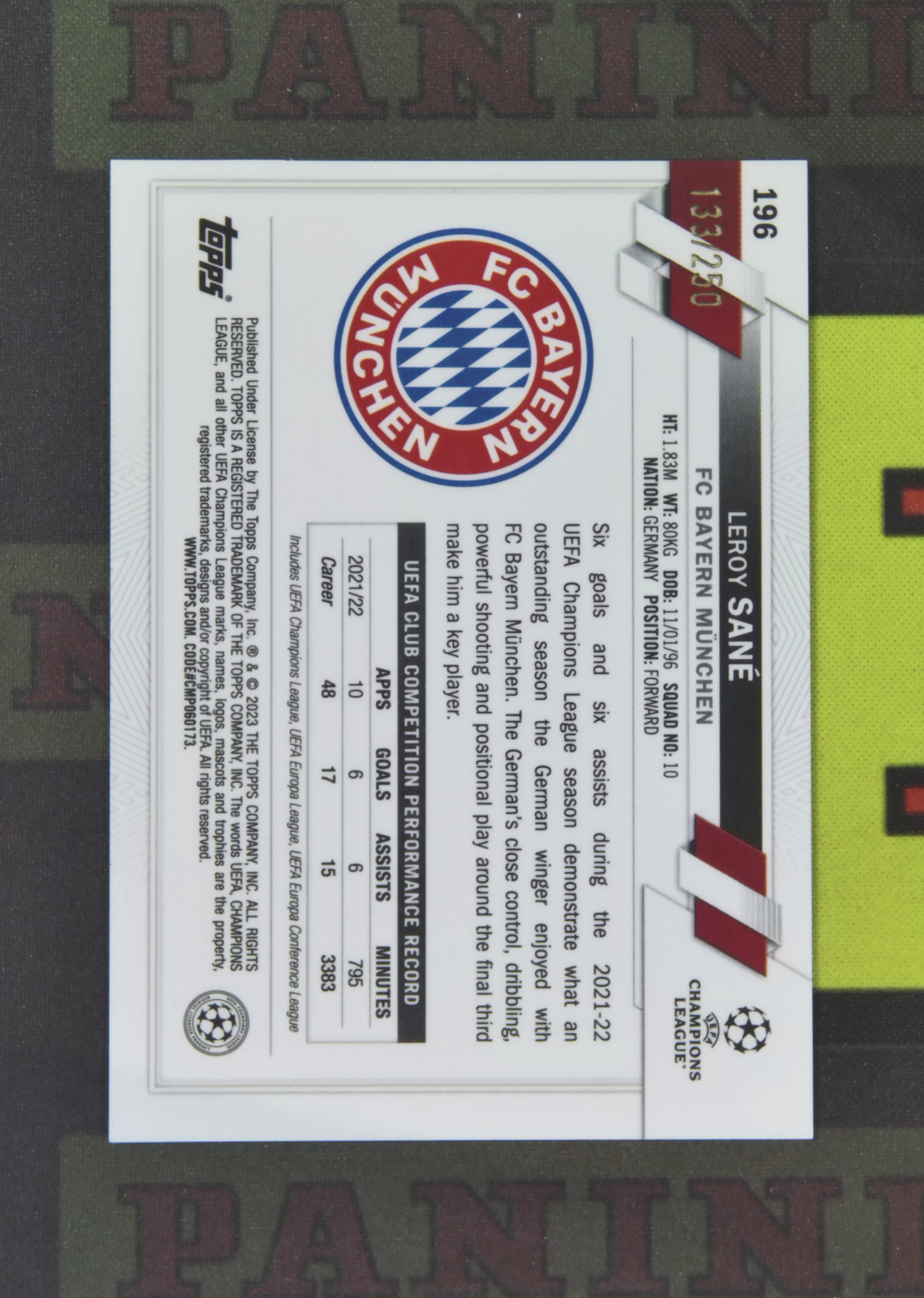 2022-23 Topps Chrome Leroy Sane Nirvana Project 勒鲁瓦 萨内 拜仁慕尼黑 133/250 粉折 棋盘折 折射 TC UCC 卡品如图 收藏必备 SXY1