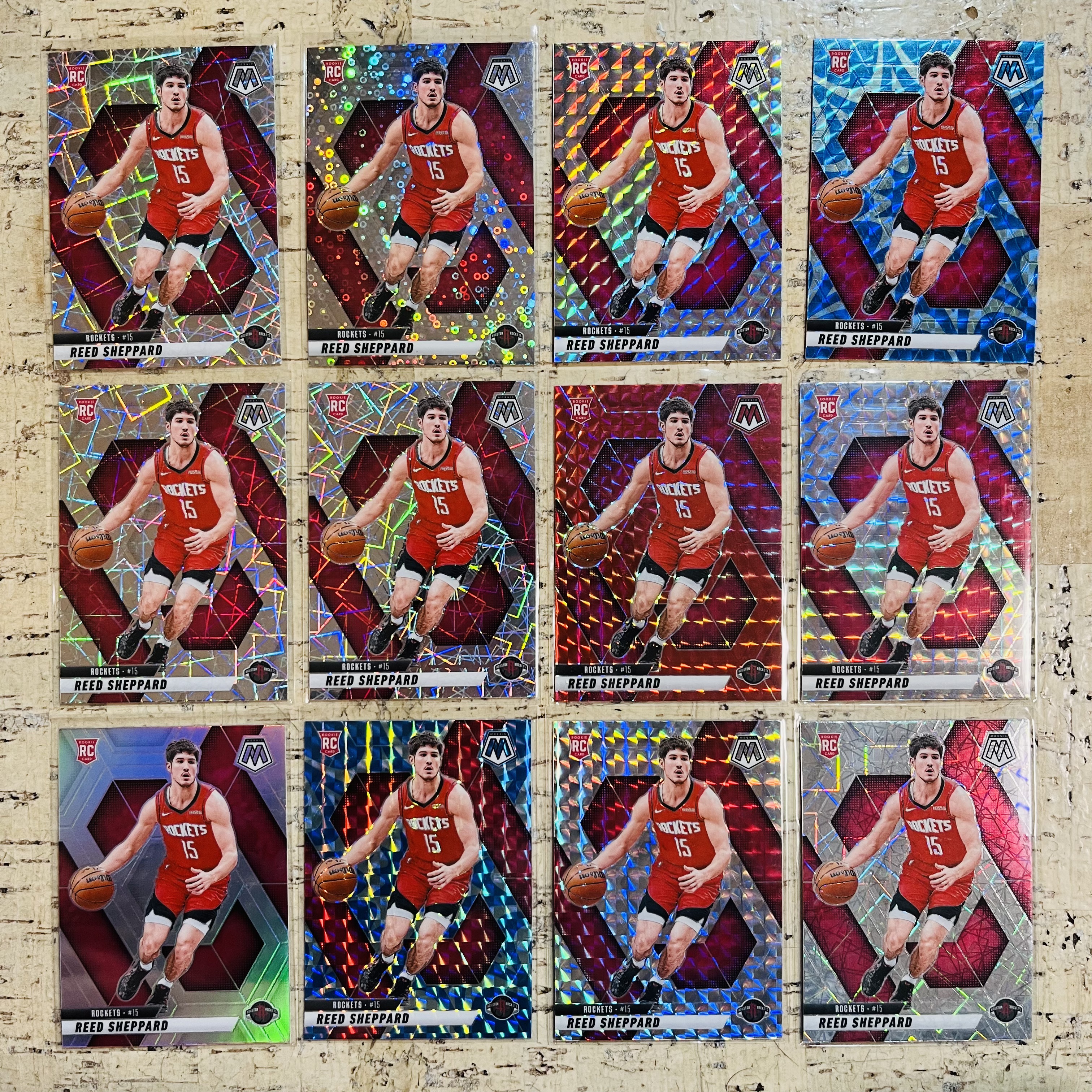2024-25 Panini Mosaic Reed Sheppard RC 新秀 火箭 谢泼德 蓝爆炸折 红马赛克折 银泡泡折 银镭射折 正银折 12张打包 此标有膜无夹【小卡迷拍卖】