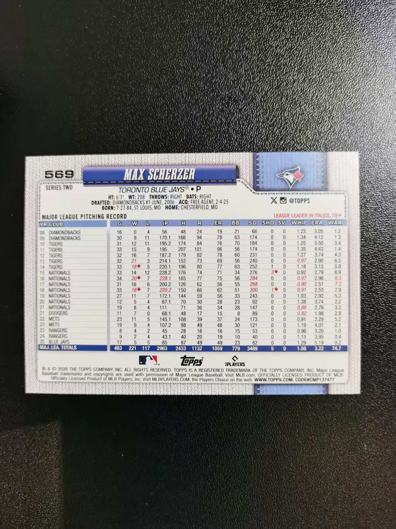 2026 Topps Chrome Max Scherzer 马克斯谢泽尔 75周年复古 棒球MLB 折射 收藏凑套 卡品如图 免费代拍CC23