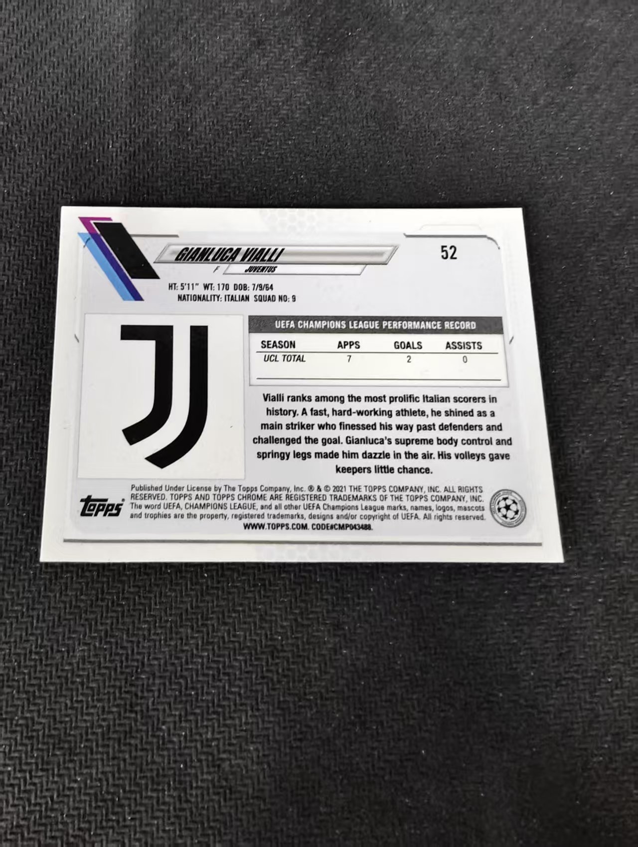 【可合并,不累计】2021 Topps Chrome gianluca vialli 詹卢卡 维亚利 尤文图斯 欧冠 紫折 划痕 边角瑕疵 #52