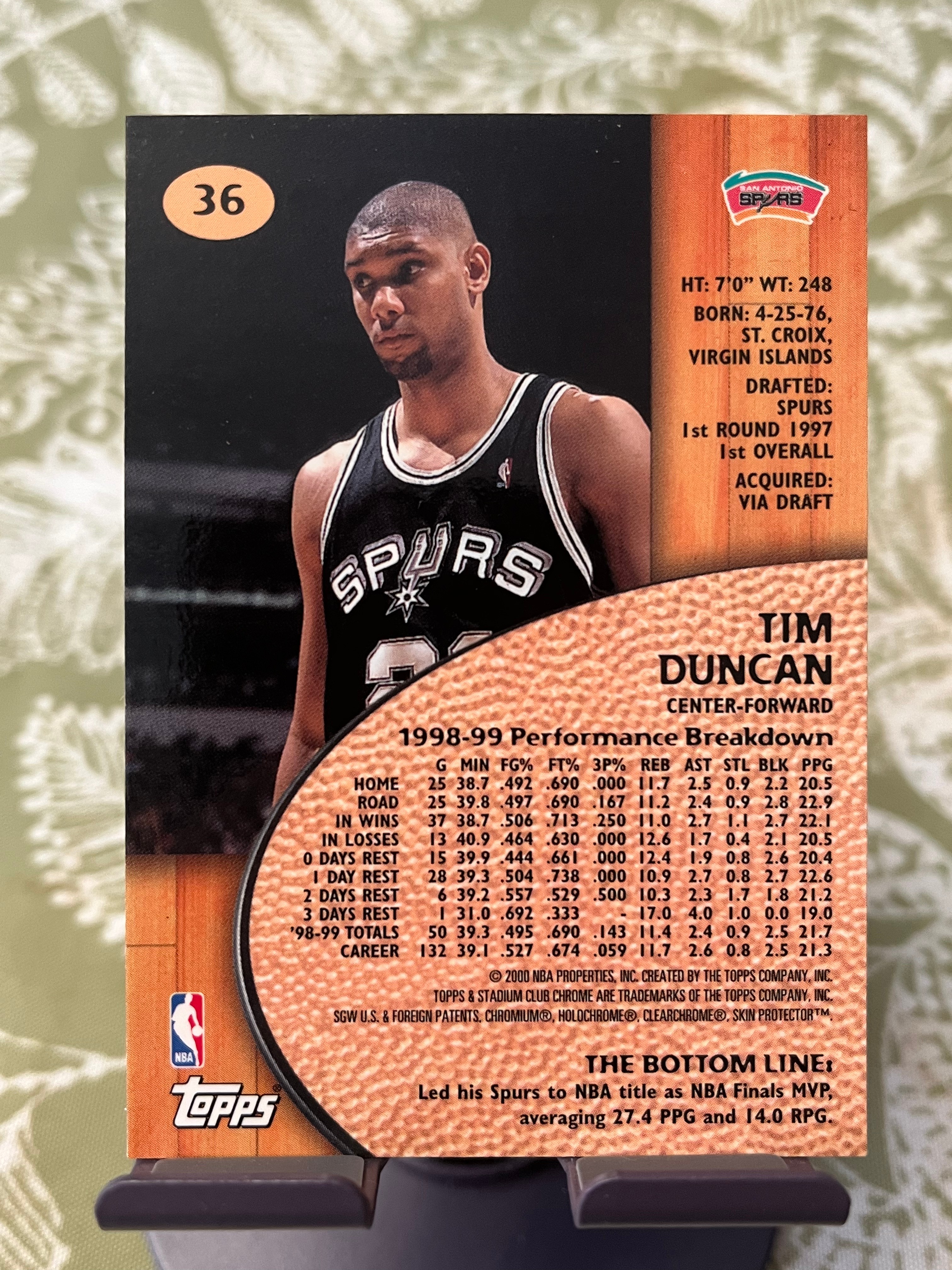 2000 Topps 老卡 老特 Tim Duncan 蒂姆 邓肯 石佛 马刺【折射 STADIUM CLUB CHROME 竞技场系列】【边角瑕疵如图 介意勿拍】#1218