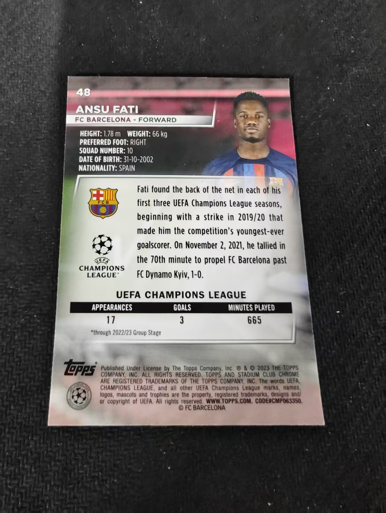 【可合并,不累计】2023 Topps Stadium Club Chrome Ansu Fati 法蒂 巴萨 欧冠 竞技场 不保卡品 介意勿拍 #48