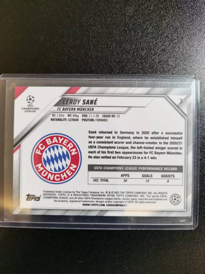 2022 Topps Chrome Leroy Sane 萨内 拜仁/德国 欧冠蓝宝石 收藏凑套 卡品如图 免费代拍WJZ