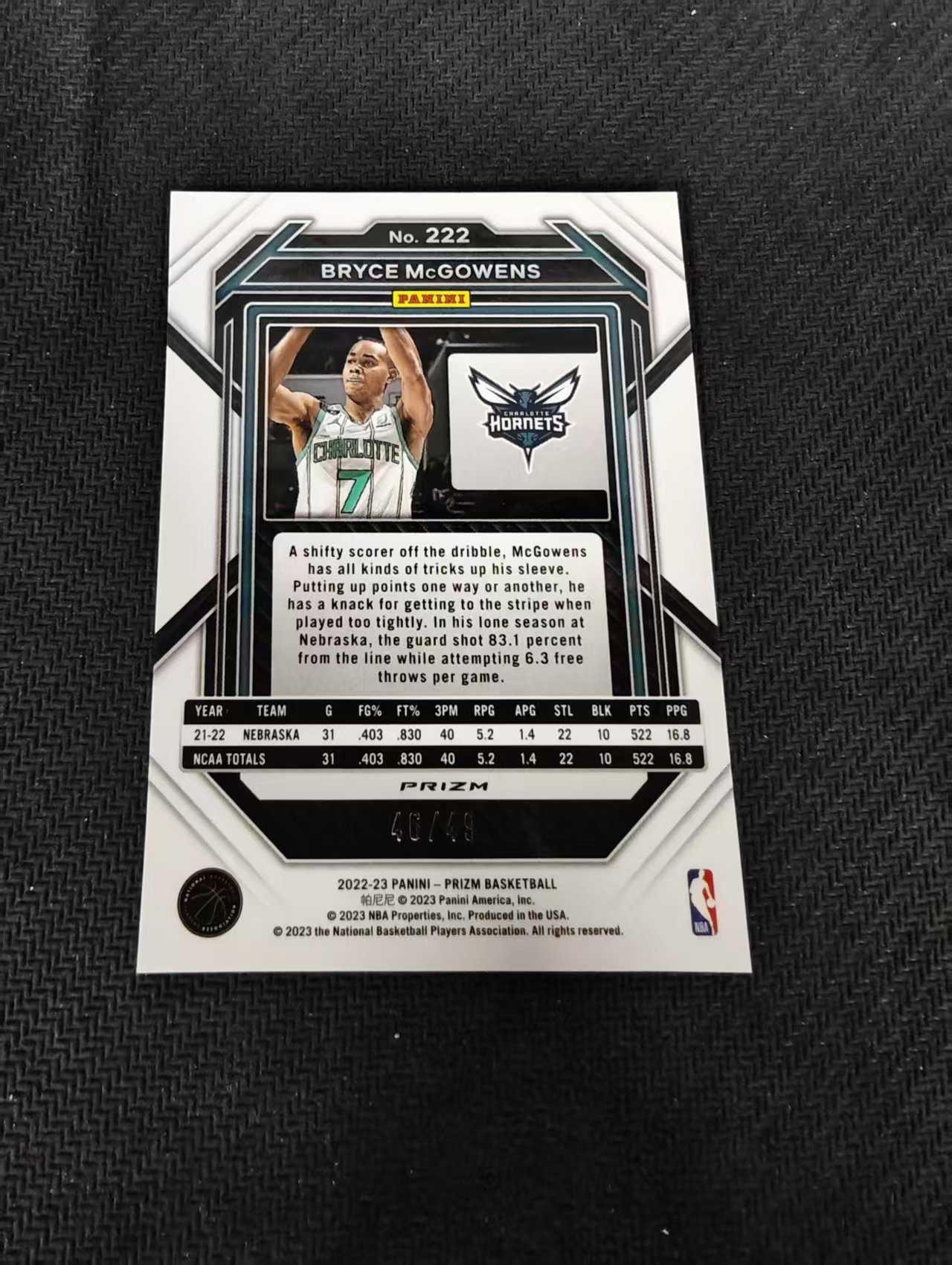 【汽水拍卖】2022-23 Panini Prizm Bryce McGowens PZ 黄蜂 新秀 RC 布莱斯 麦戈文斯 橙折 折射 49编 微瑕如图
