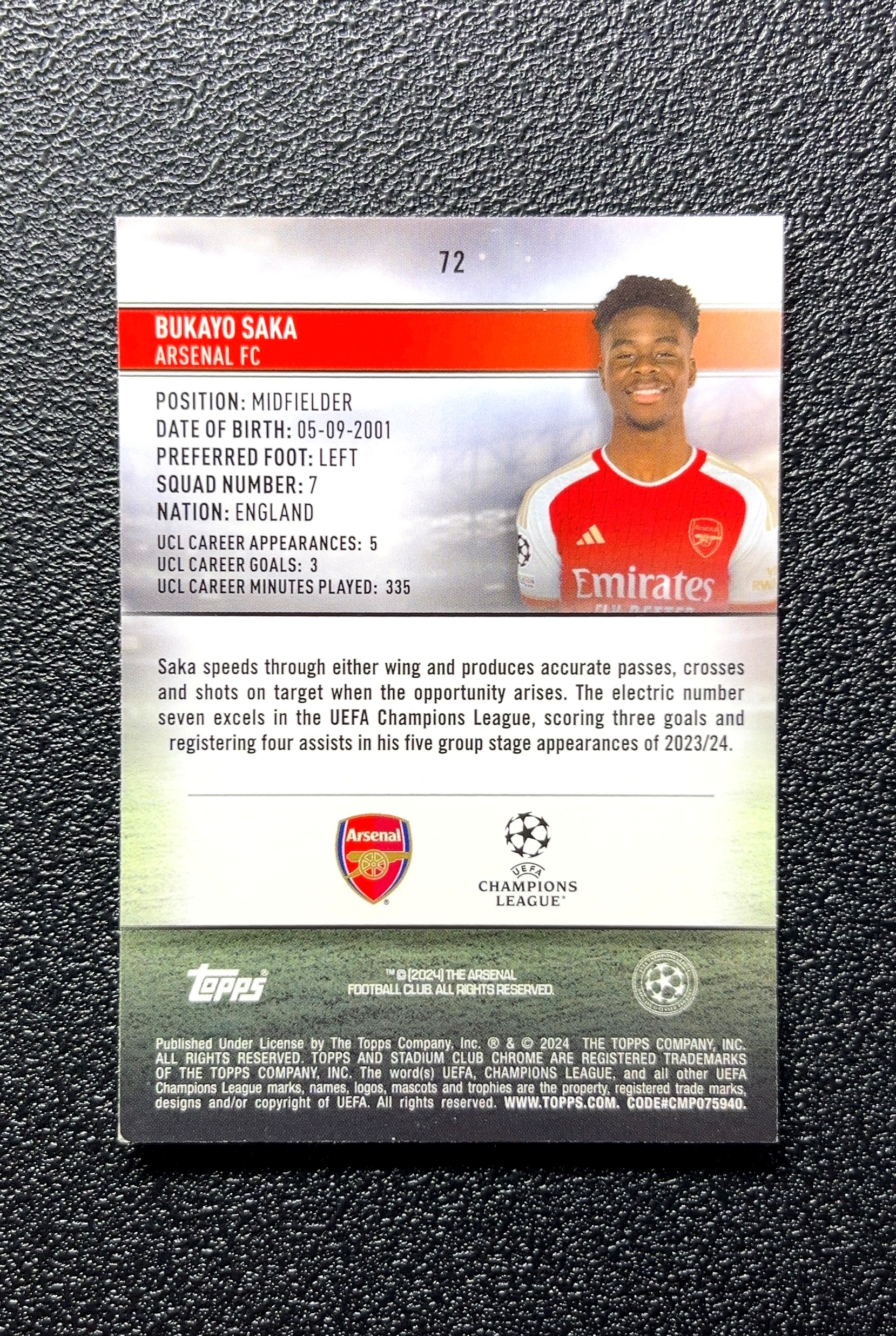【小白1%代卖】2024 Topps Stadium Club Chrome Bukayo Saka 布卡约·萨卡 卡品如图 高价值 #72 Arsenal FC 阿森纳足球俱乐部 0806