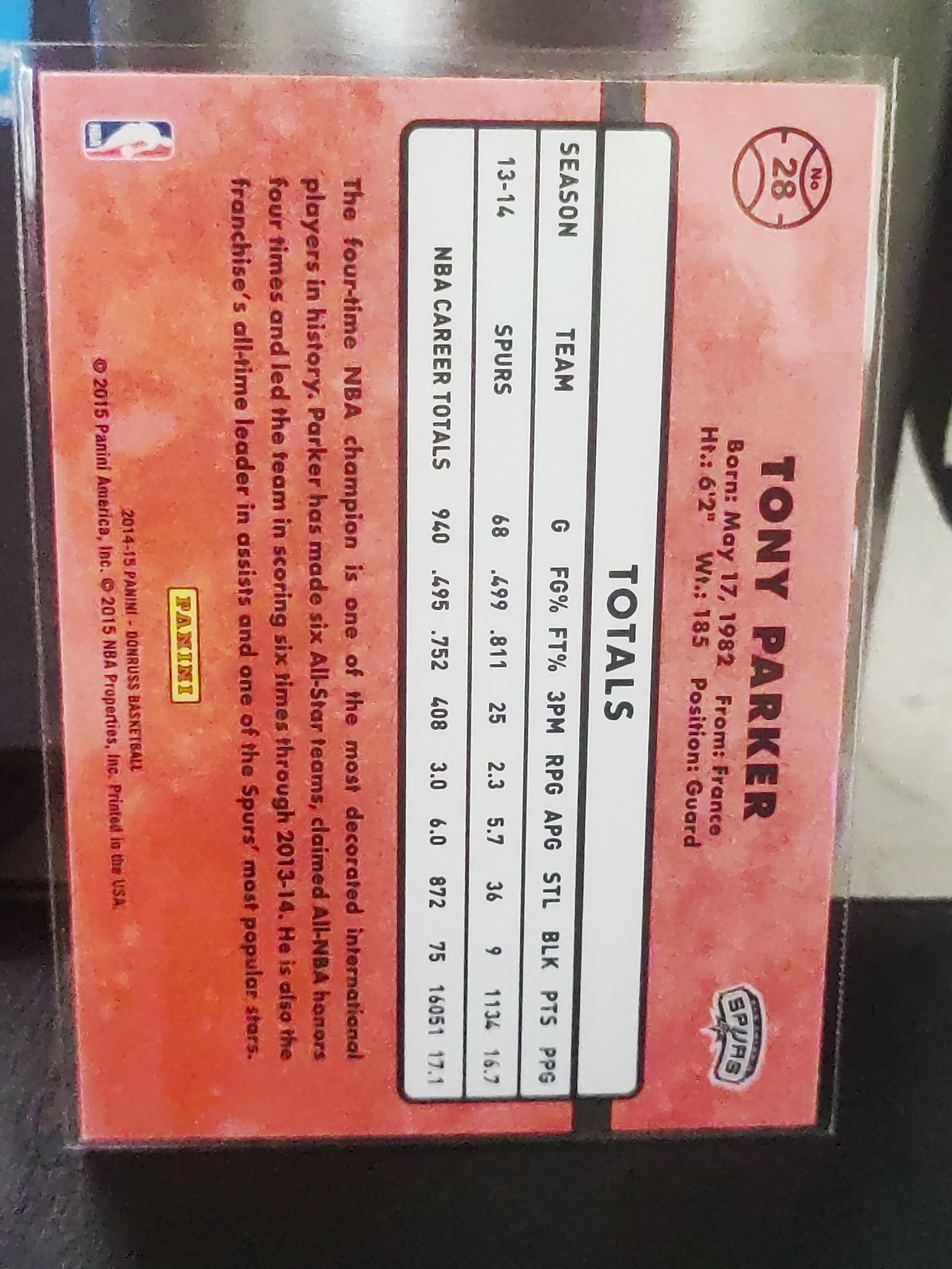 2014-15 Panini Donruss Tony Parker 杜蕾斯 托尼 帕克 马刺 法国跑车 马刺 第一张 篮 白边白角 不保卡品 卡品如图