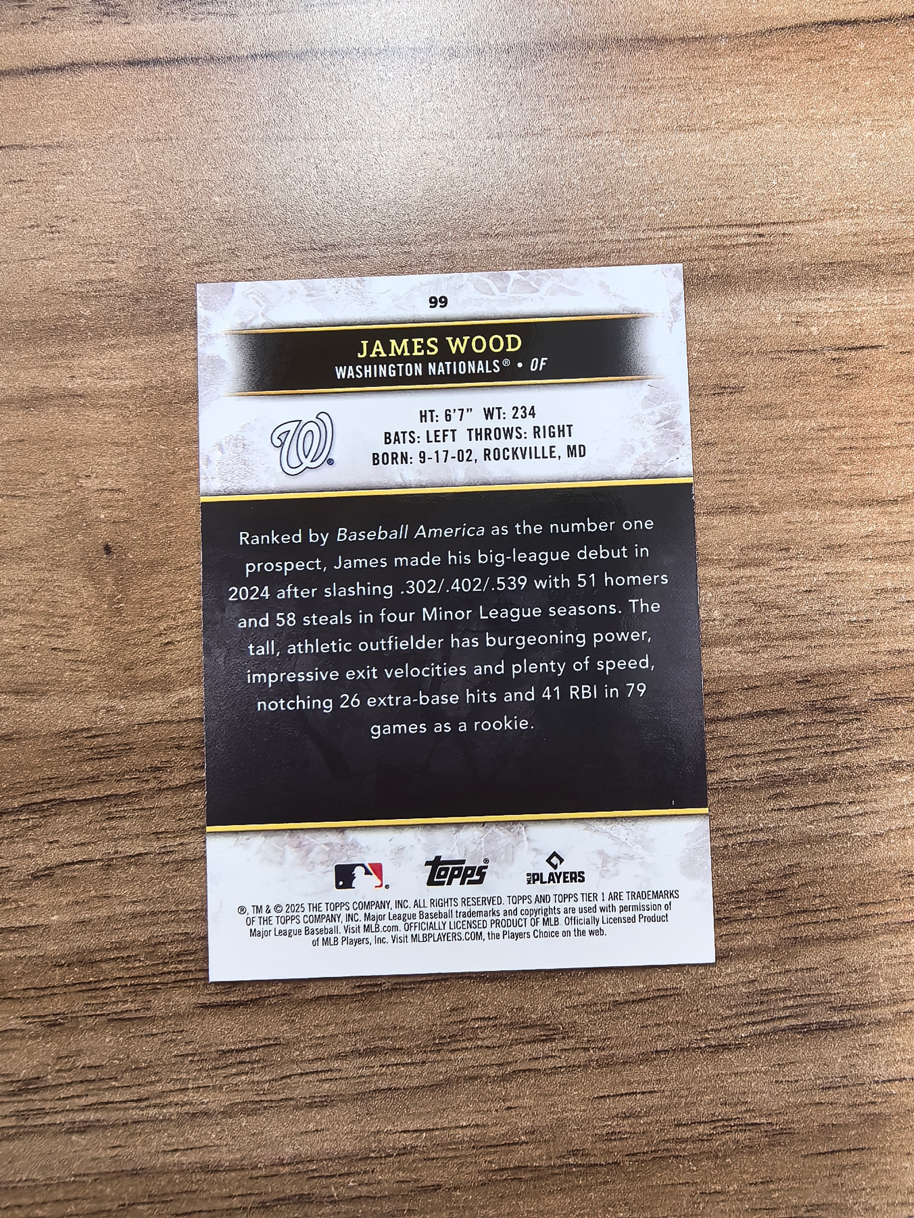 2025 Topps Tier One JAMES WOOD RC 棒球 华盛顿国民队 詹姆斯伍德 新秀 88/99编 base 实卡精美 卡品如图 收藏必入 流浪