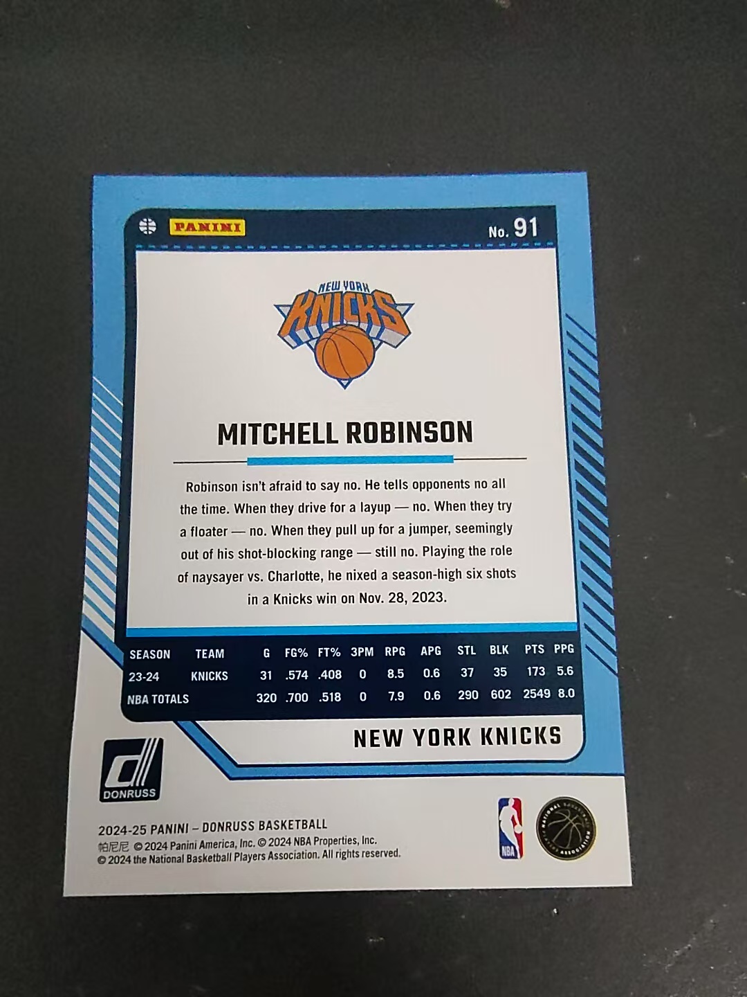 【可合并,不累计】2024-25 panini donruss mitchell robinson 杜蕾斯 尼克斯 米切尔 罗宾逊 边角瑕疵 #91