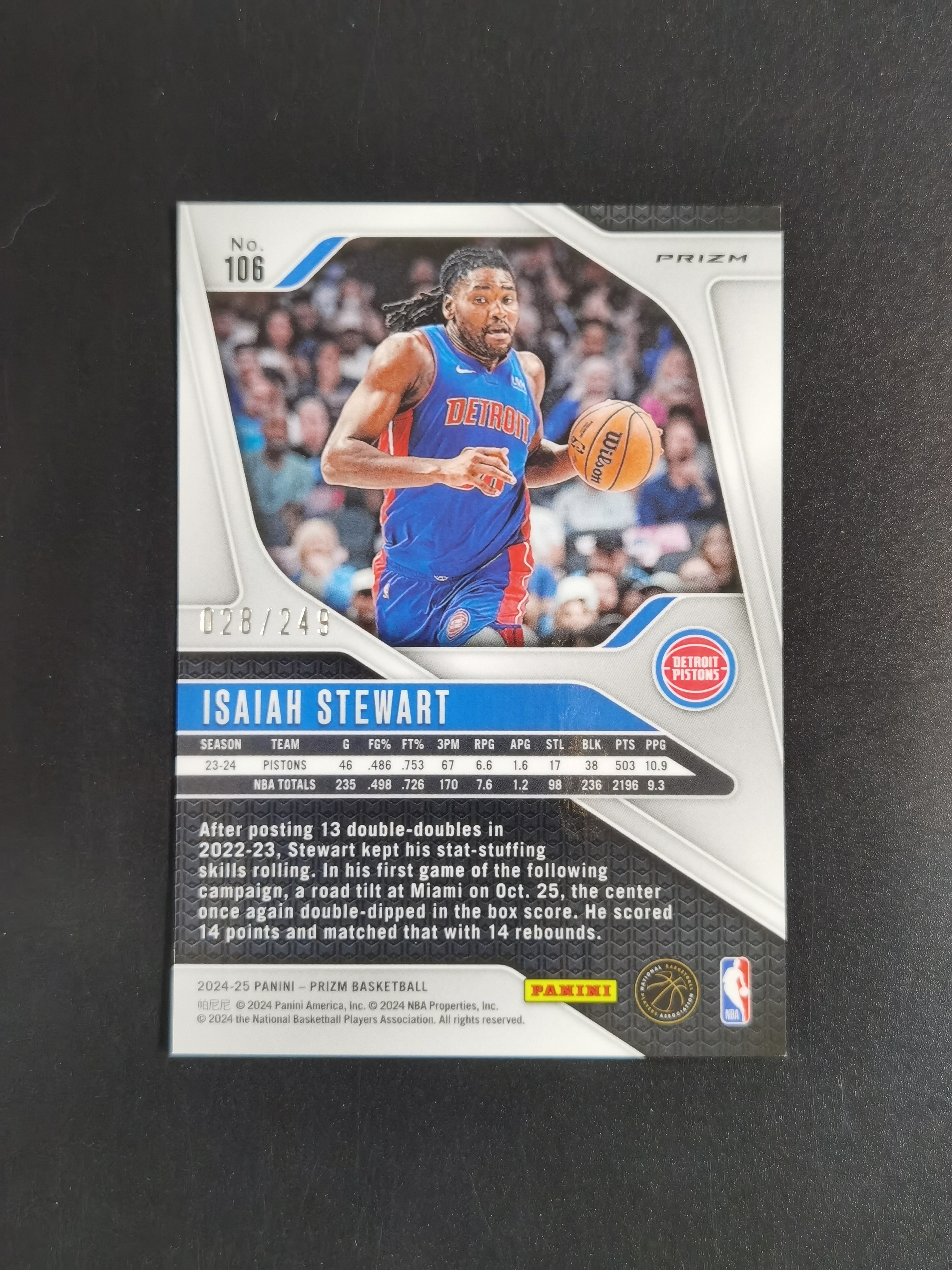 2024-25 Panini Prizm Isaiah Stewart 以赛亚 斯图尔特 249编 银瀑布折 卡品如图 专收必备