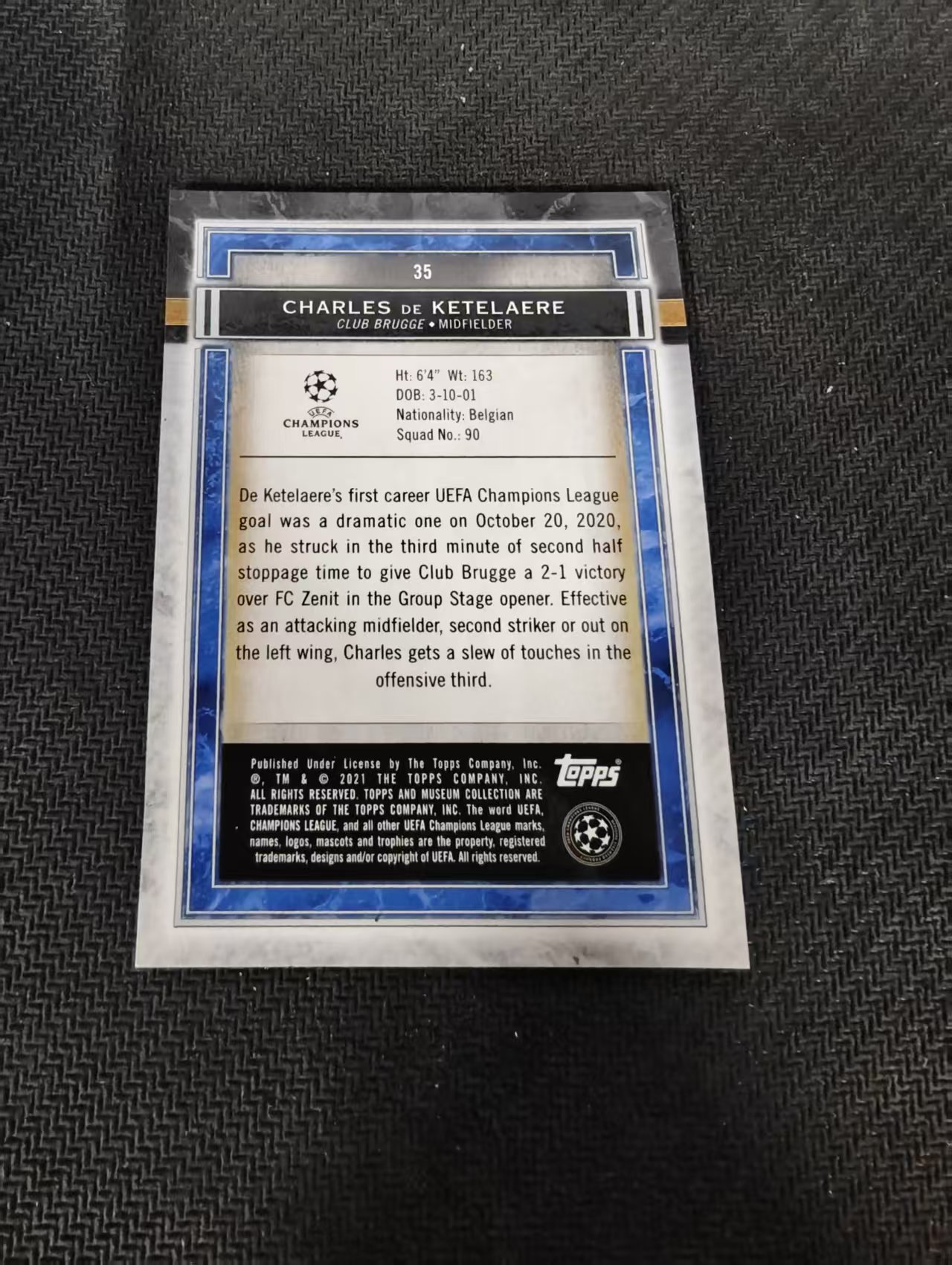 【可合并,不累计】2021-22 Topps Museum Charles de Ketelaere 博物馆 布鲁日 德凯特莱尔 欧冠 RC 新秀 边角瑕疵