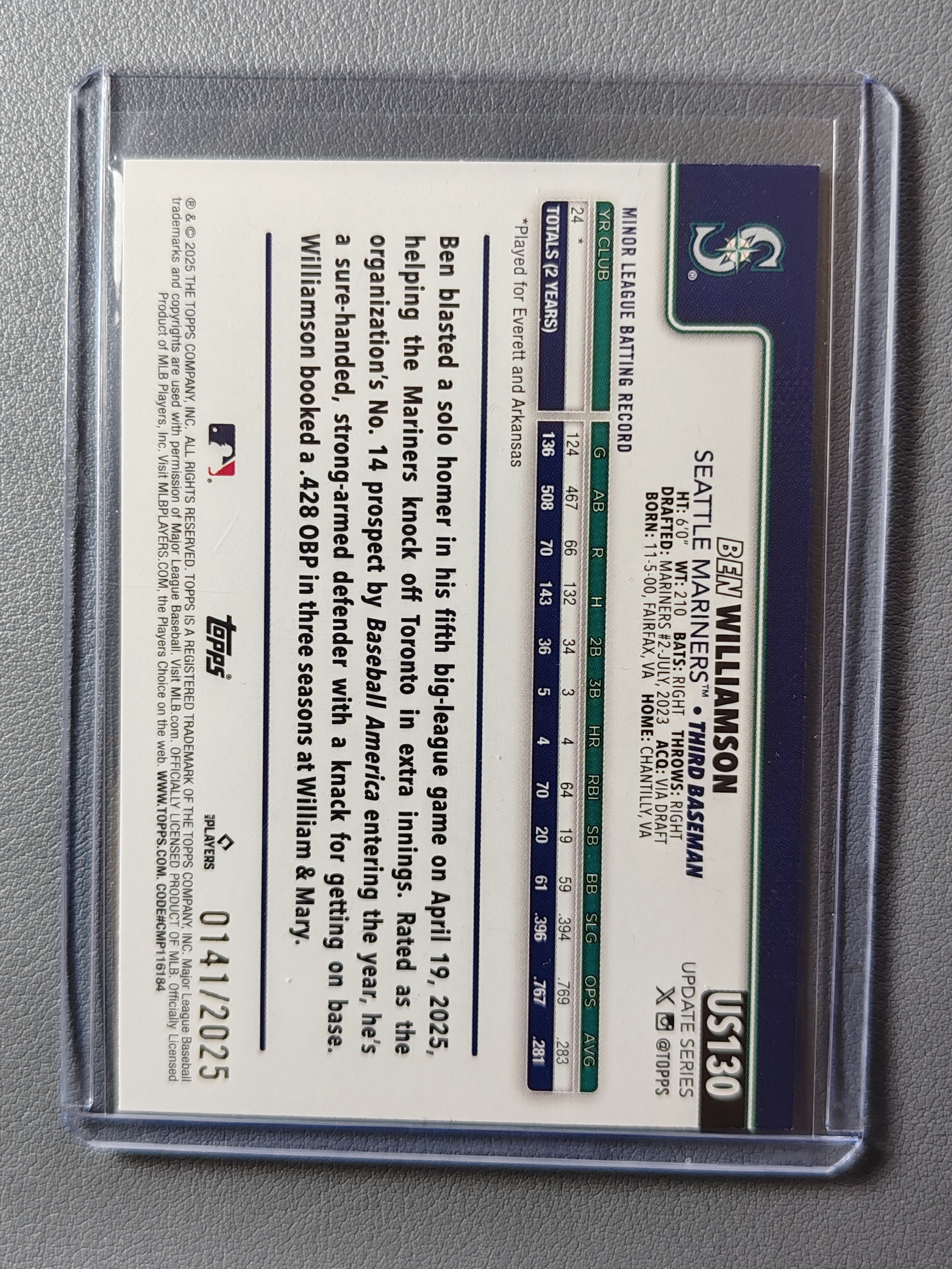 2025 Topps Update Ben Williamson RC 2025编!【pei】