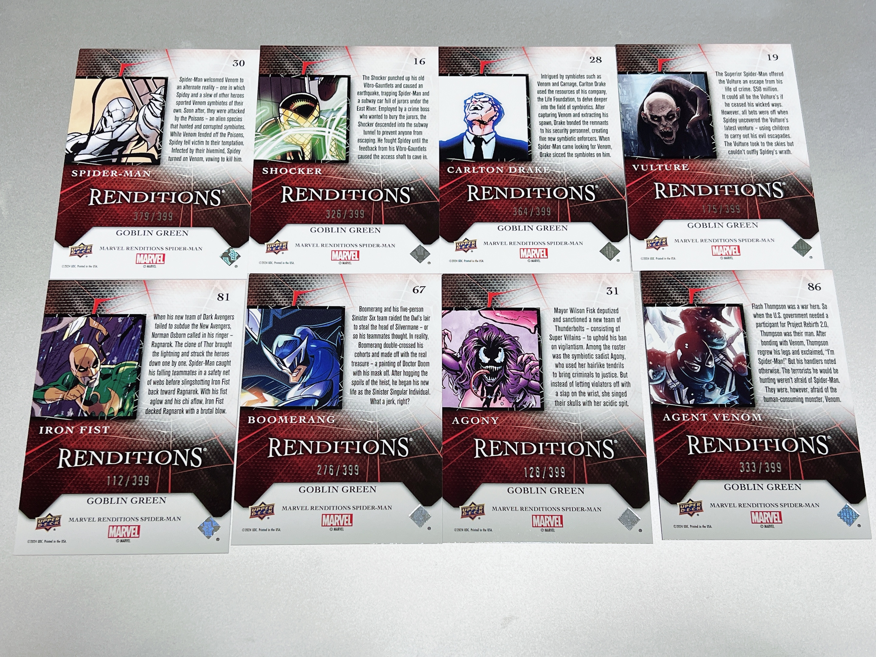 2024 Upper Deck Marvel (MCU) renditions 漫威 蜘蛛侠 演绎 白色蜘蛛侠 震波 德拉克 秃鹫 铁拳 毒液特工 回旋镖 极端 /399 8张打包 品相如图 #4