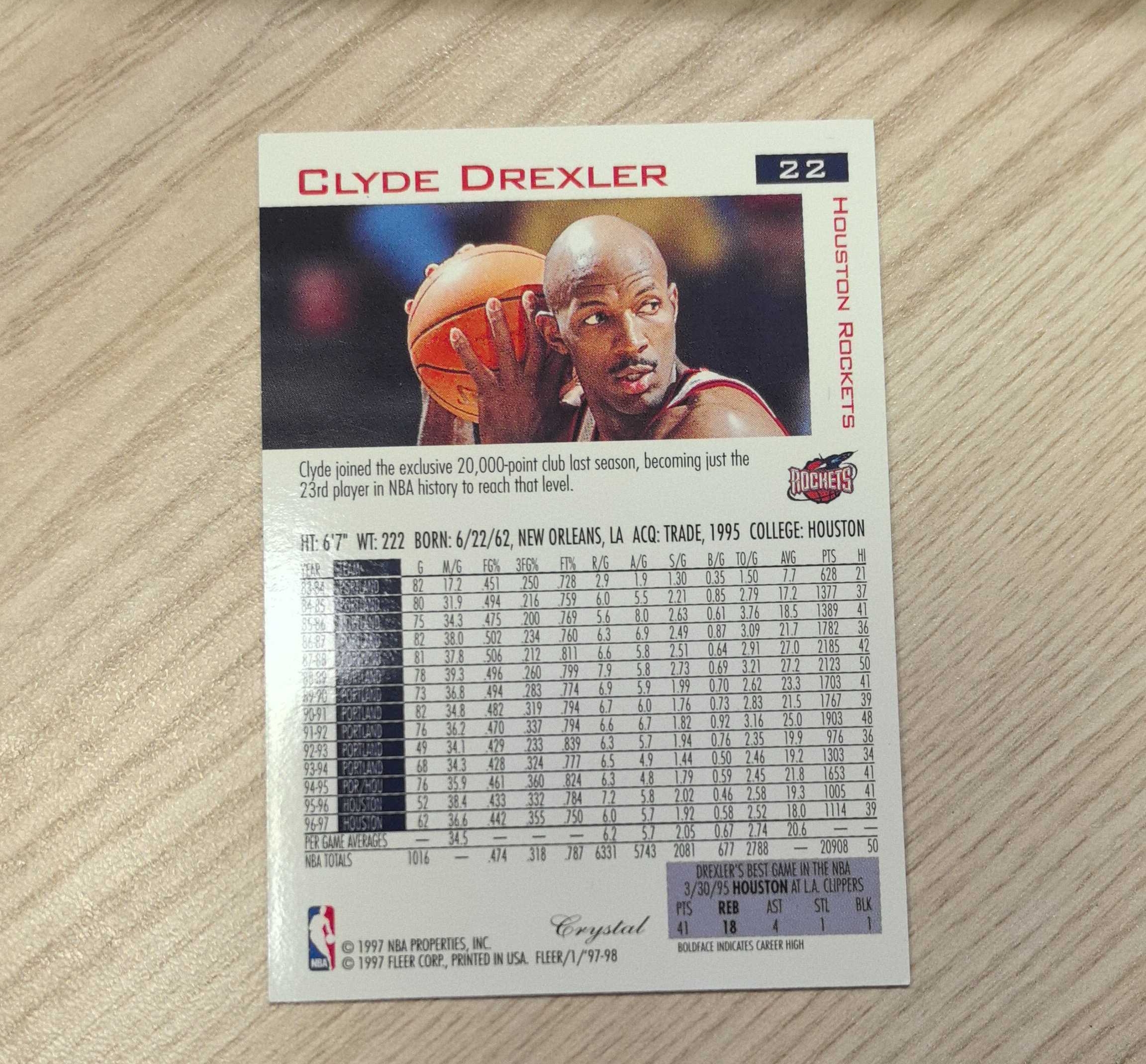 1997-98 Fleer Tradition Clyde Drexler 德雷克斯勒 滑翔机 50大 75大 名人堂 1届总冠军 1届一阵 10届全明星 帮助火箭拿下总冠军 开拓者名宿