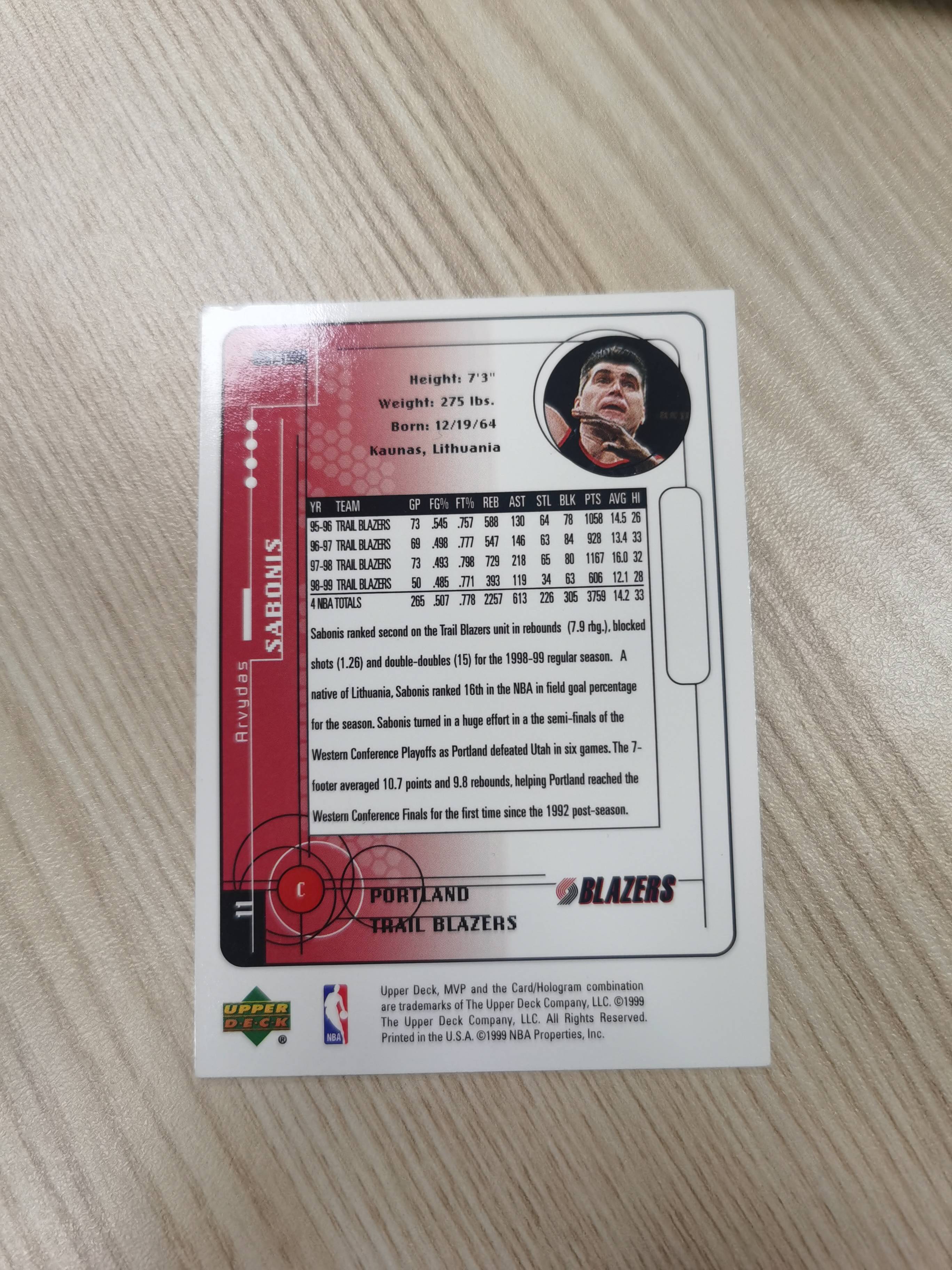 1999-00 Upper Deck MVP Arvydas Sabonis 1999-00 萨博尼斯 UD mvp 银标 立陶宛篮协主席 名人堂成员 空中建筑师 硬通货 极具收藏价值 开拓者