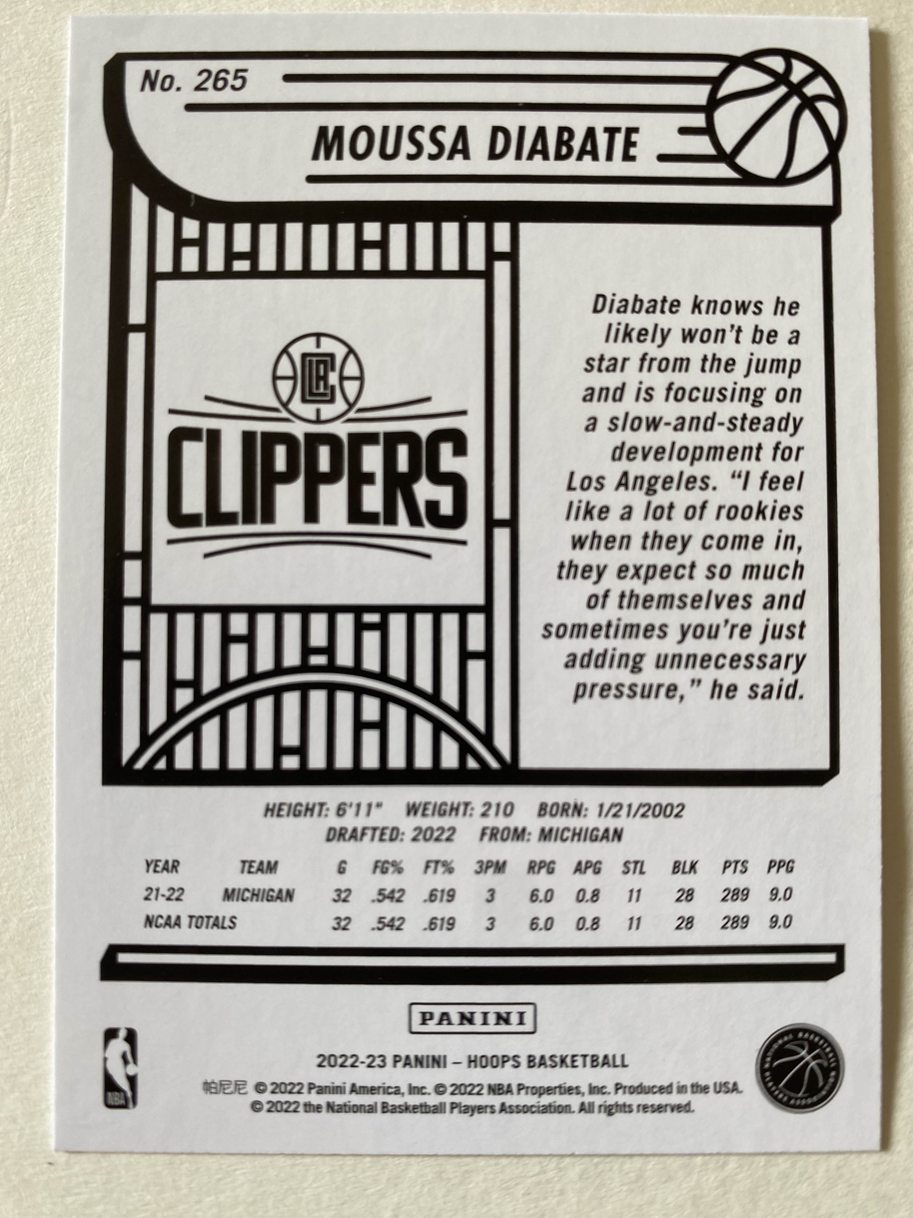 2022-23 Panini NBA Hoops Moussa Diabate 穆萨 迪亚巴泰 快船队 RC新秀 未来可期 值得收藏 凑套必备 实卡精美 卡品如图 热门球星 投资佳品 #265