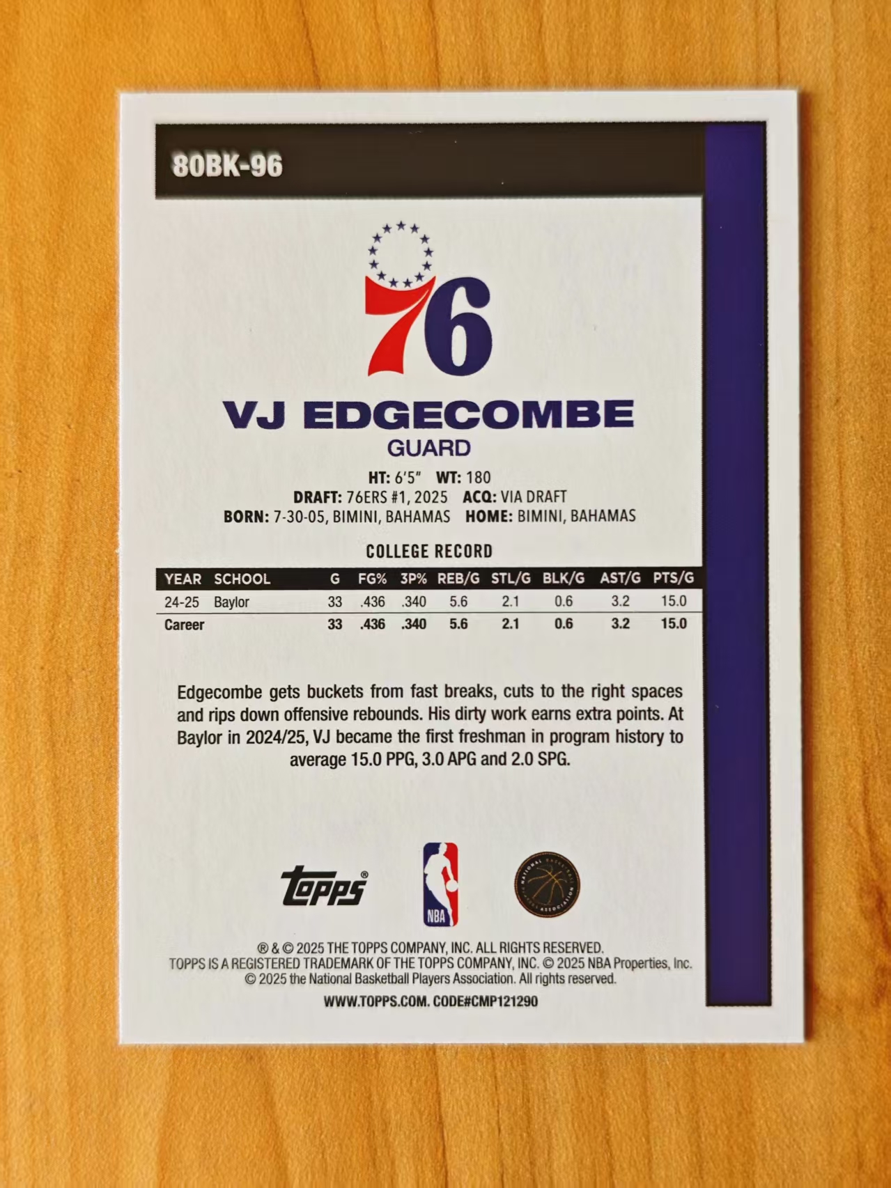 2025 Topps Flagship VJ Edgecombe RC 旗舰系列 76人 RC新秀 VJ 埃奇库姆 45周年 复古特卡 粉折 折射 微瑕 卡品如图【原地起飞卡社】jia11.26