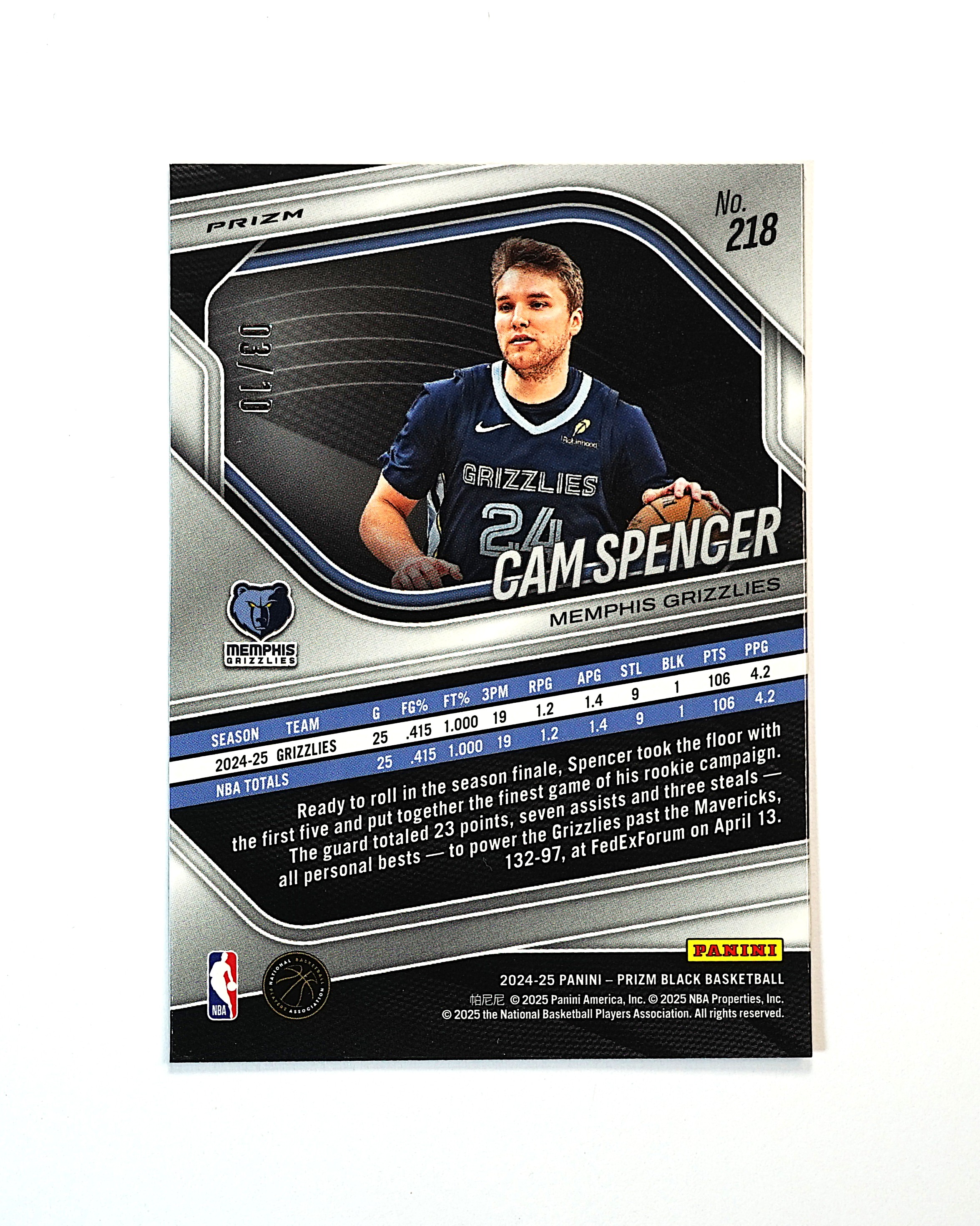 2024-25 Panini Prizm Black Cam Spencer RC 卡姆 斯潘塞 03/10编 新秀 正金折 灰熊 莫兰特队友 未来可期 凑套专收必备 卡品微瑕如图【DD】