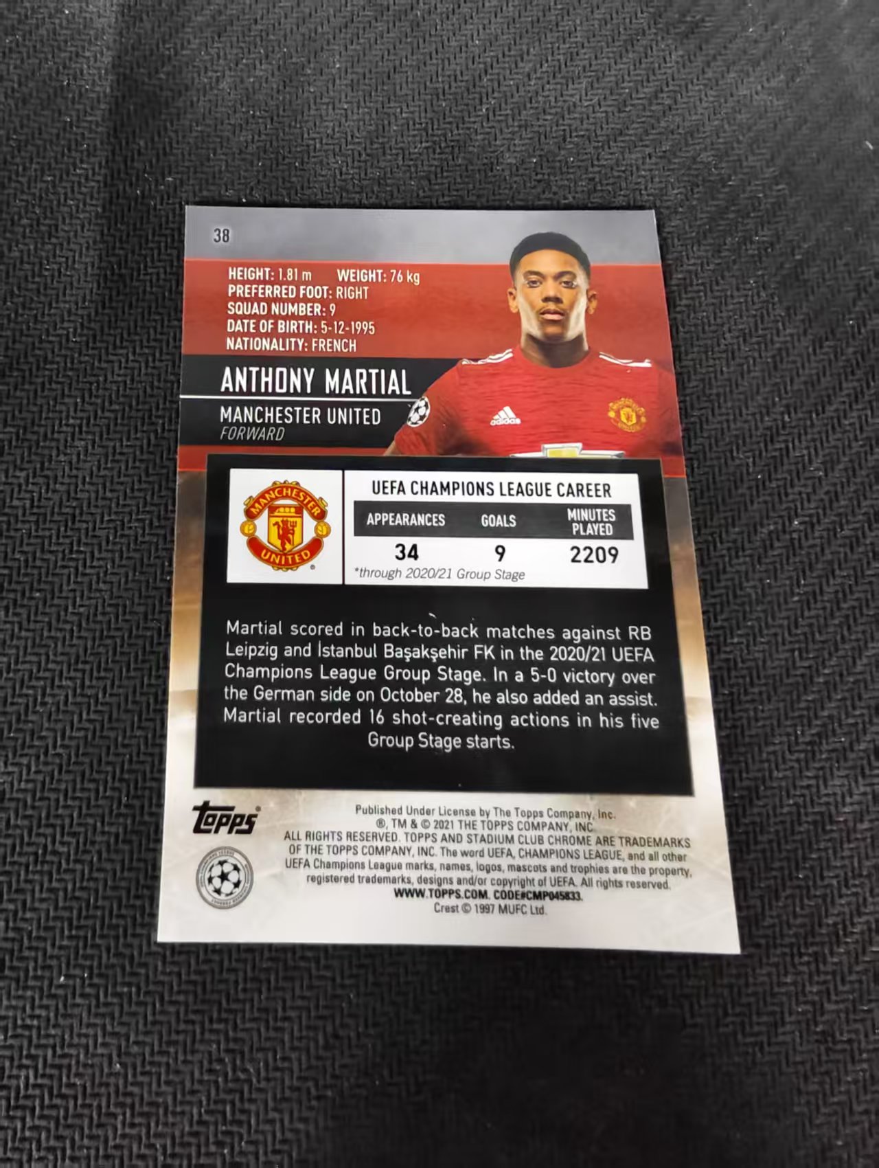 【可合并,不累计】2021 Topps Stadium Club Chrome Anthony Martial 安东尼 马夏尔 竞技场 欧冠 划痕 边角瑕疵 #38