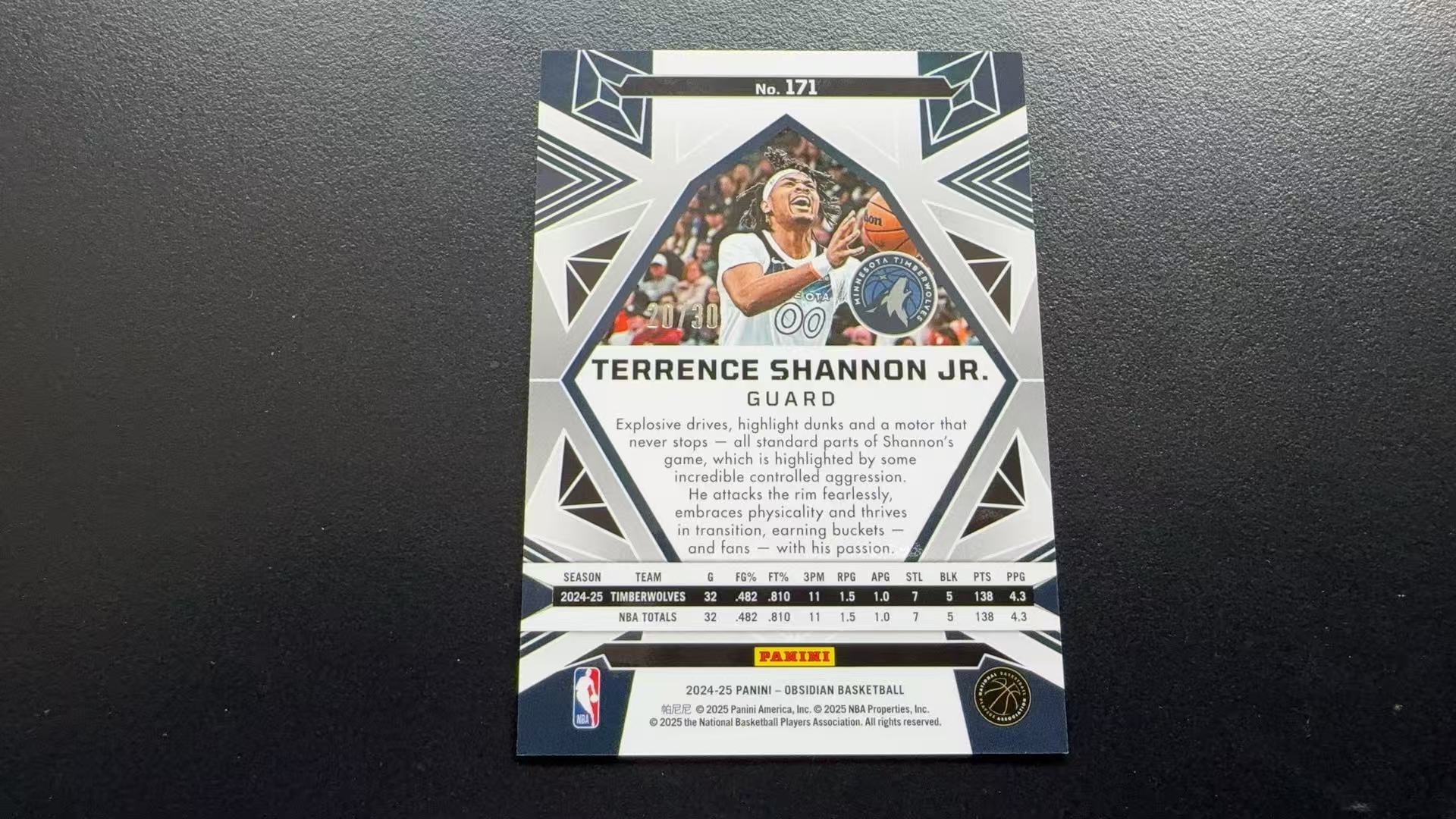 【Pw代卖】2024-25Panini 篮球黑曜石 Terrence Shannon Jr. 小香农 森林狼 新秀 RC 青折 30编 实卡精美 收藏必备 萝卜哥
