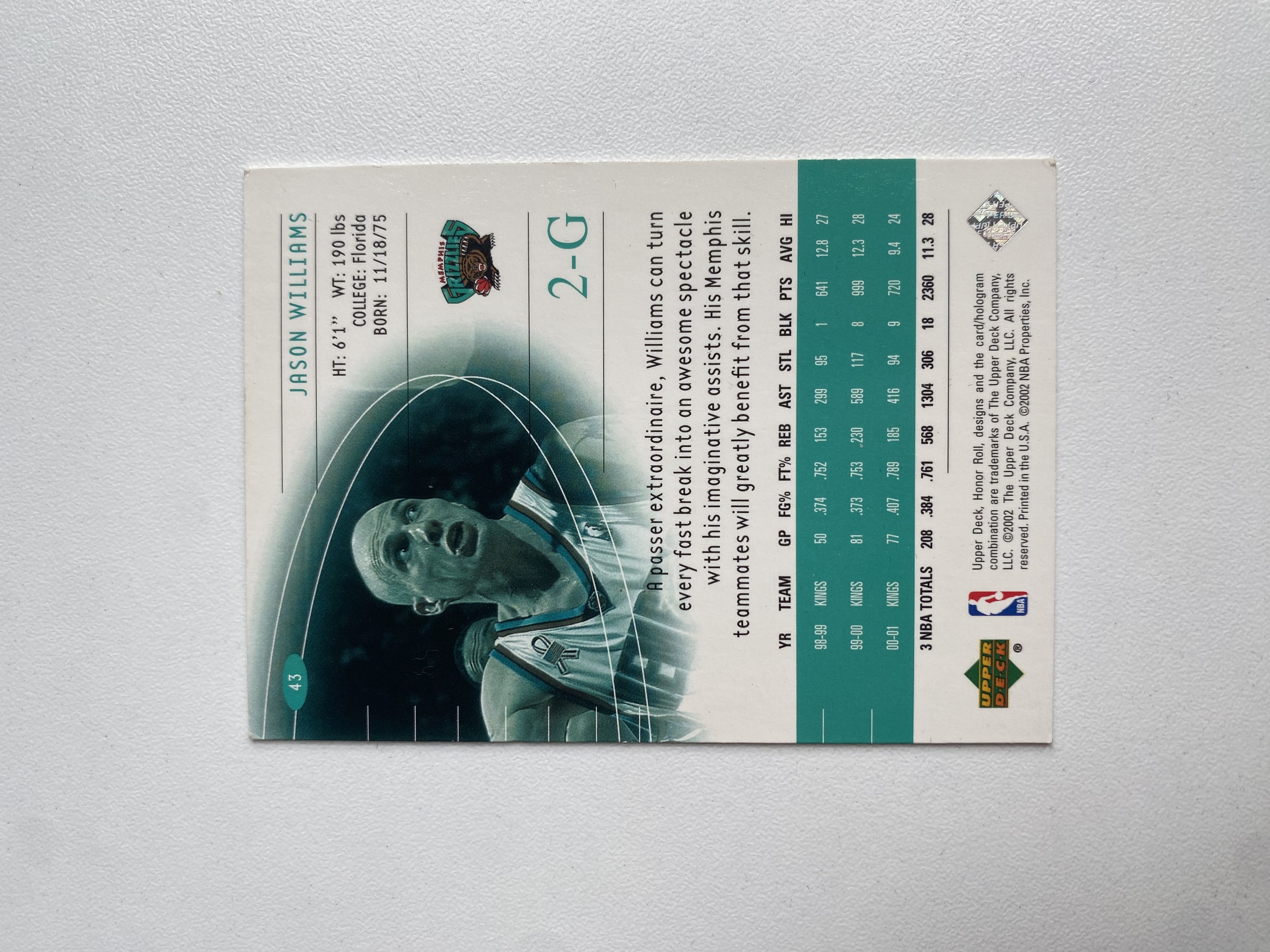 2002 Upper Deck Honor Roll Jason Williams #43 杰森 威廉姆斯 灰熊队 白巧克力 老卡 凑套