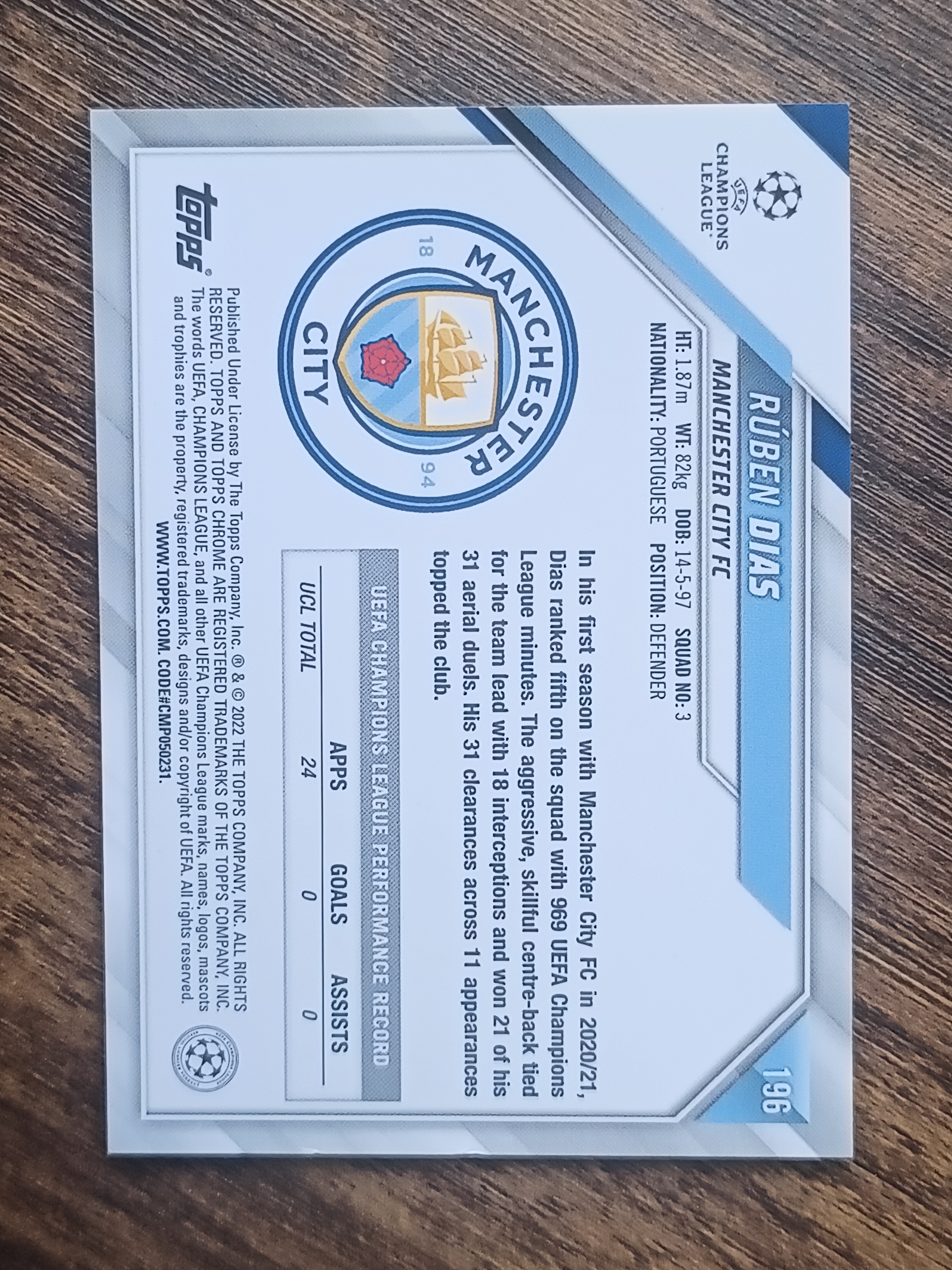 2022 Topps Chrome Rúben Dias 欧冠 TC 曼城 鲁本 迪亚斯 碎点折 折射 卡品如图(卧龙)