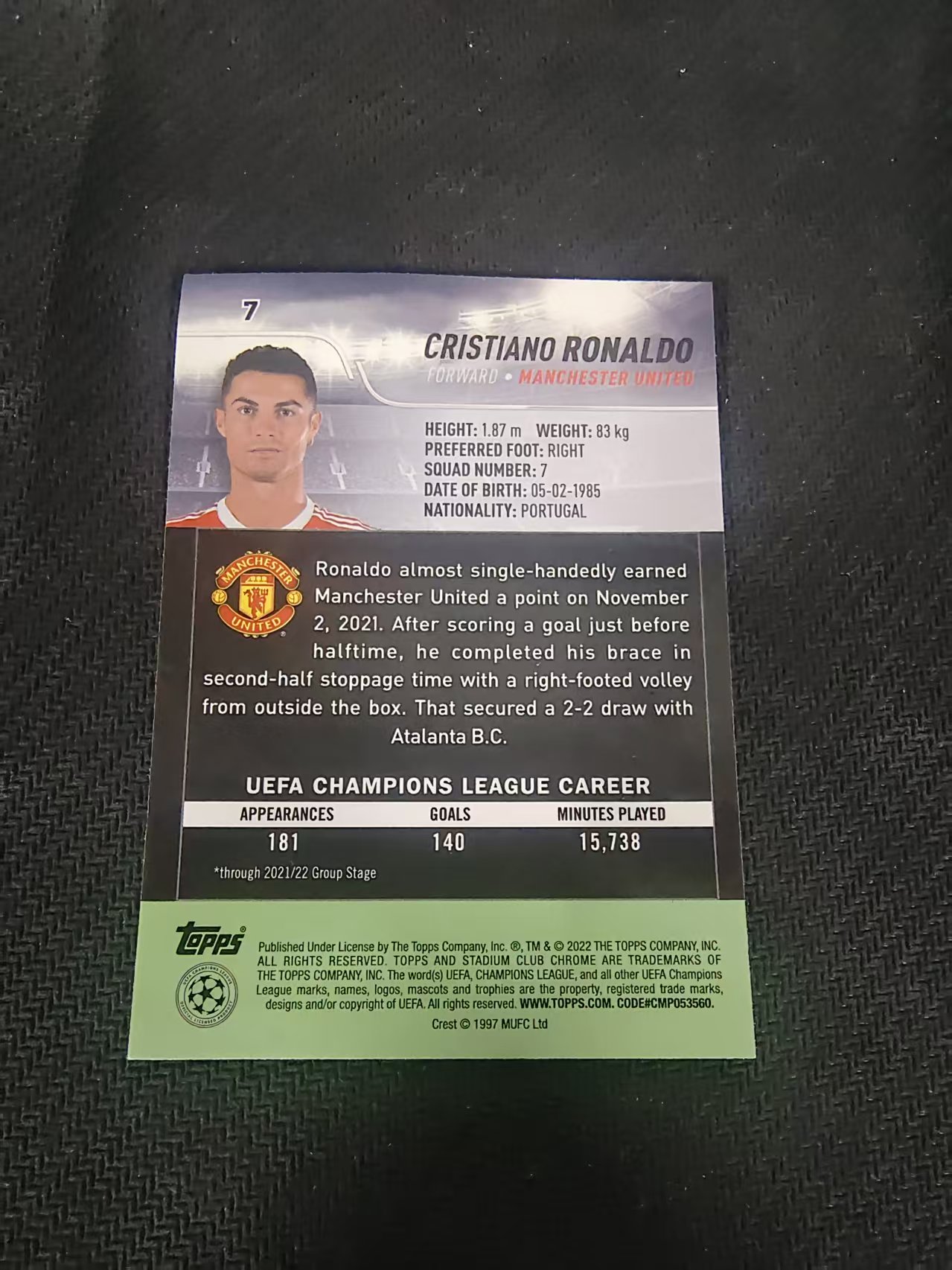 【可合并,不累计】2022 Topps Stadium Club Chrome Cristiano Ronaldo C罗 曼联 罗纳尔多 竞技场 欧冠 划痕 边角瑕疵 #7