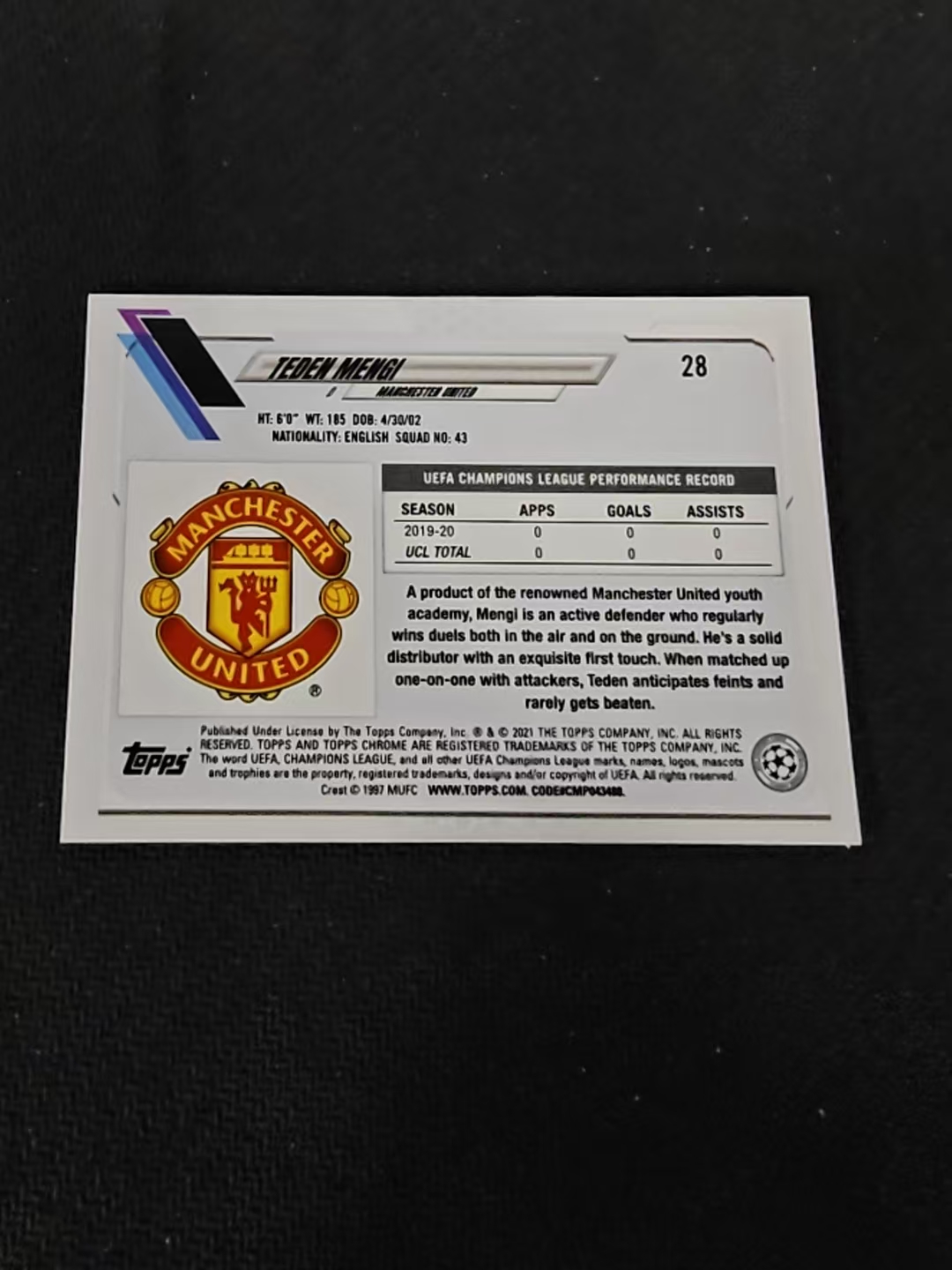 【可合并,不累计】2021 Topps chrome Teden Mengi RC 门吉 新秀 曼联 欧冠 碎花折 碎点折 划痕 边角瑕疵 #28