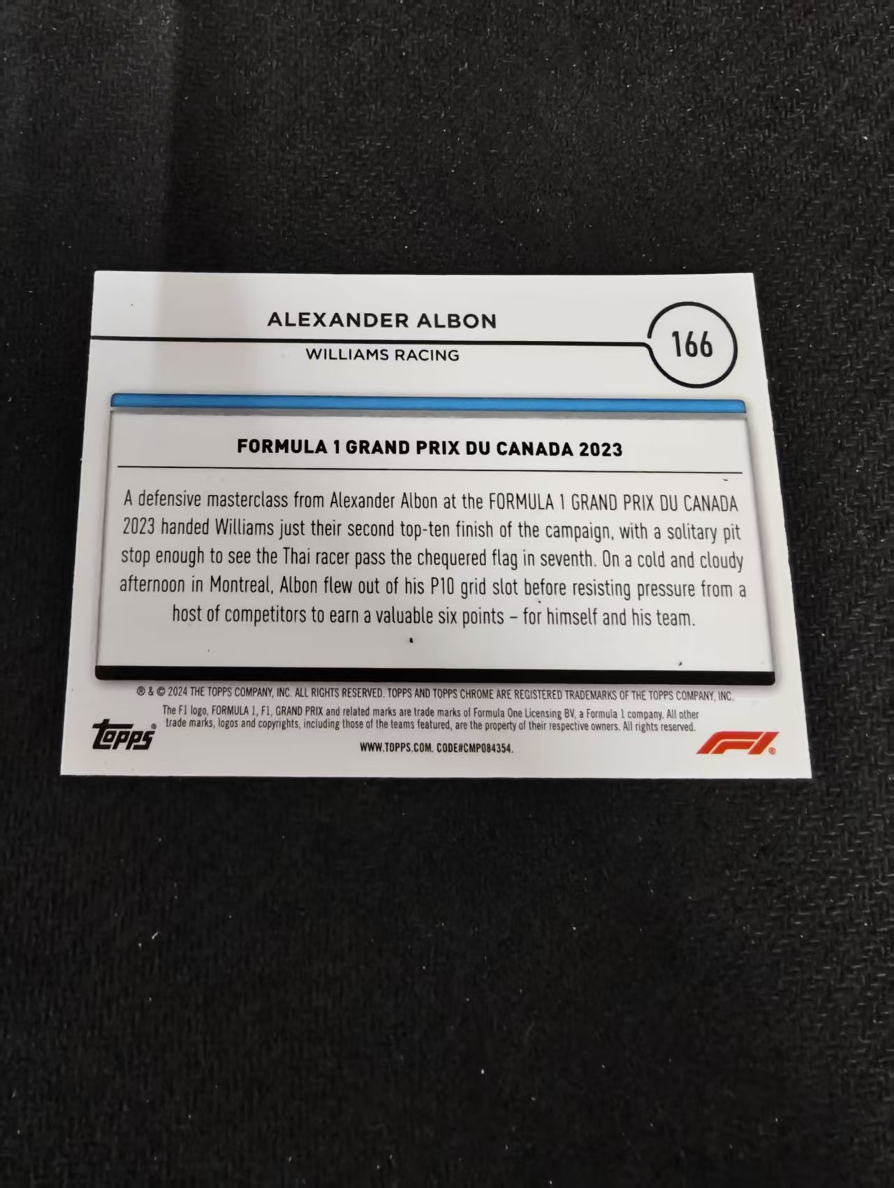 2024 Topps Chrome F1 Alexander Albon 方程式赛车 亚历山大 阿尔本 威廉姆斯车队 划痕 边角瑕疵 #166