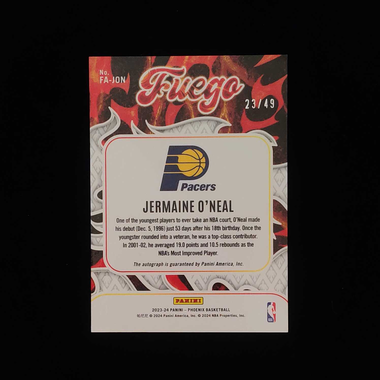 2023-24 Panini phoenix Jermaine O'Neal 凤凰 元年 步行者 杰梅因 奥尼尔 小奥尼尔 签字 49编 卡品如图 收藏必备 V