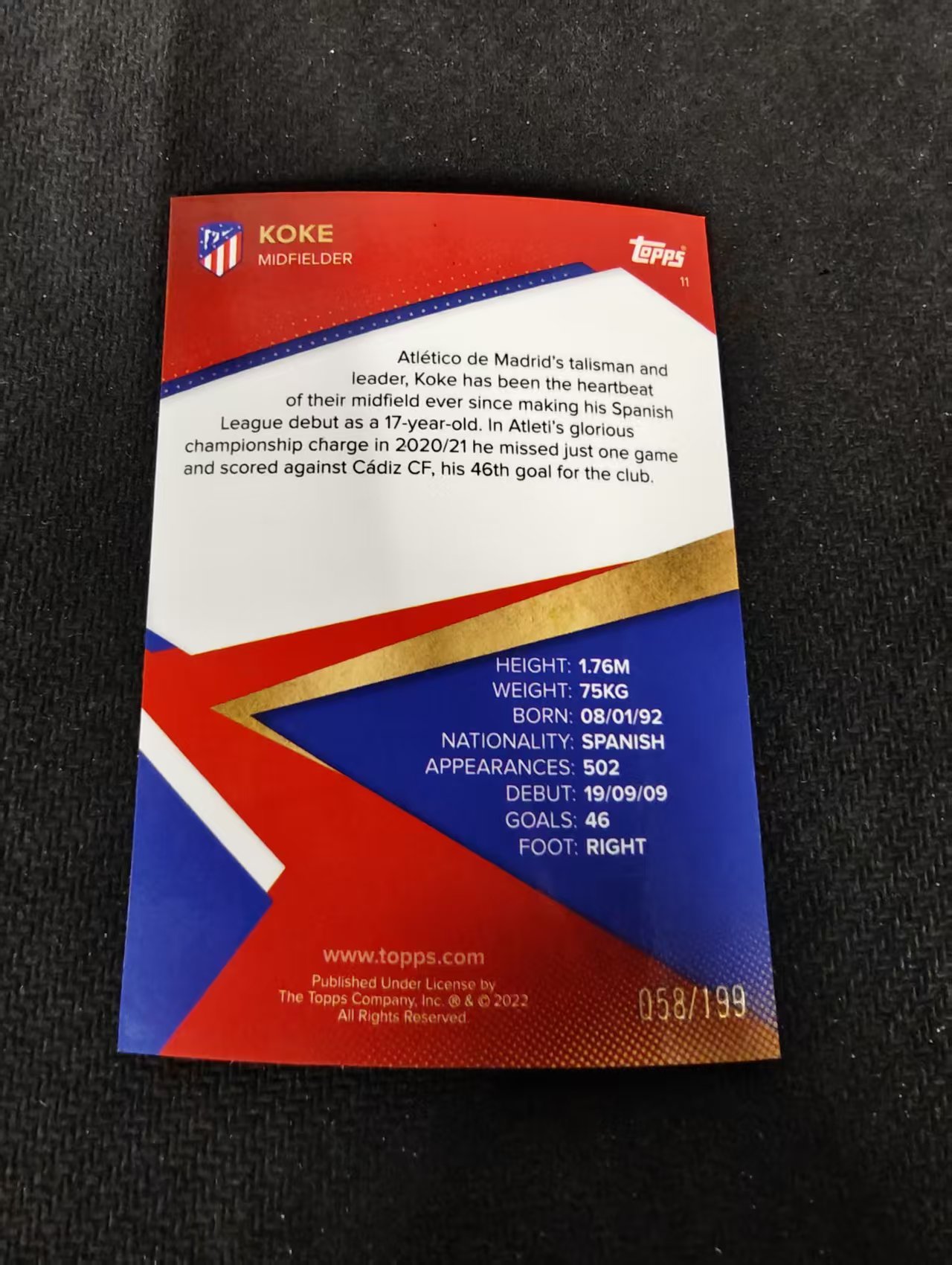 【可合并,不累计】2022 Topps 马竞队盒 Koke 科克 马德里竞技 西班牙 银折 199编 划痕 边角瑕疵