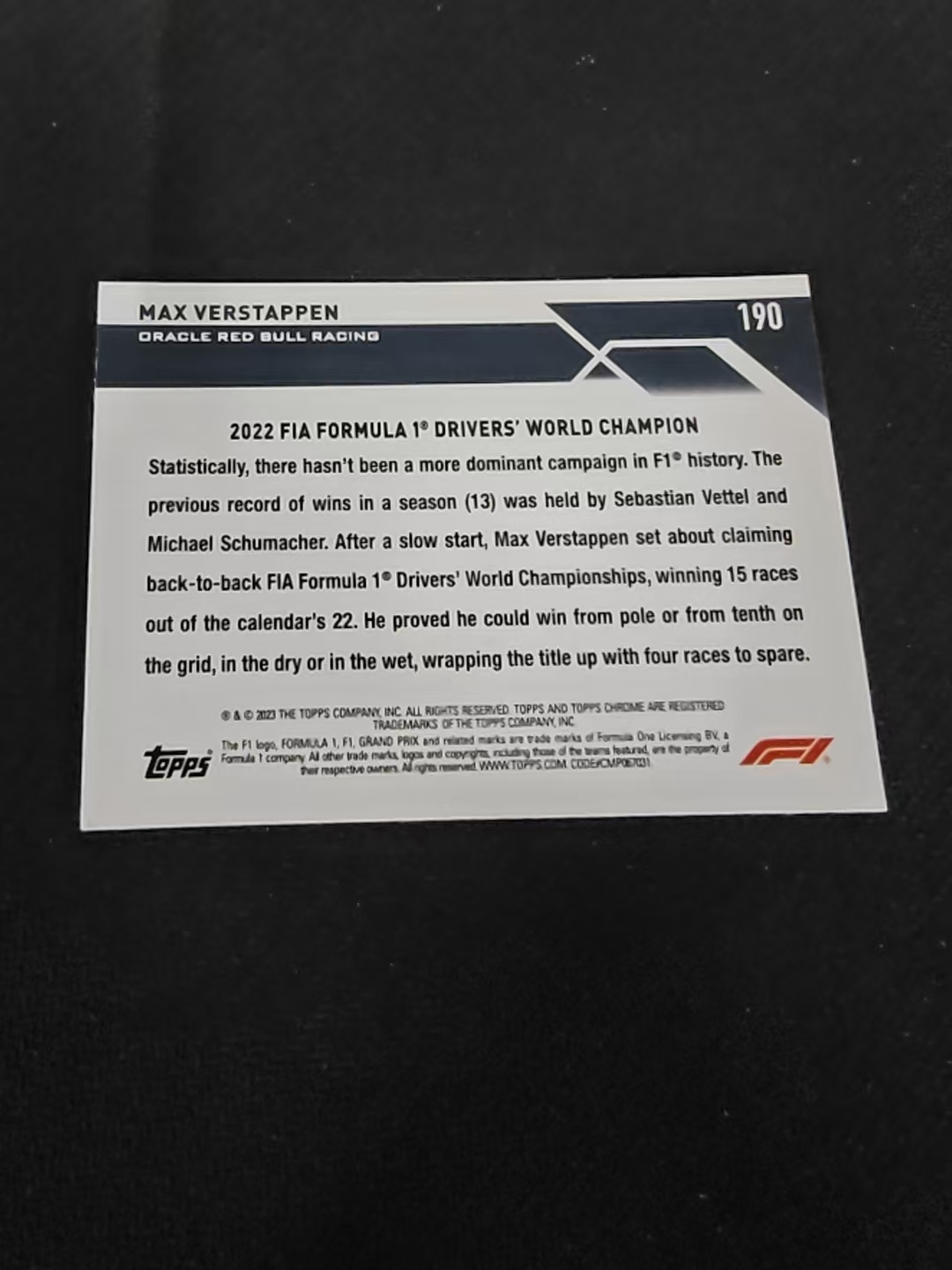 2023 Topps Chrome F1 Max Verstappen 维斯塔潘 红牛 划痕 边角瑕疵 #190