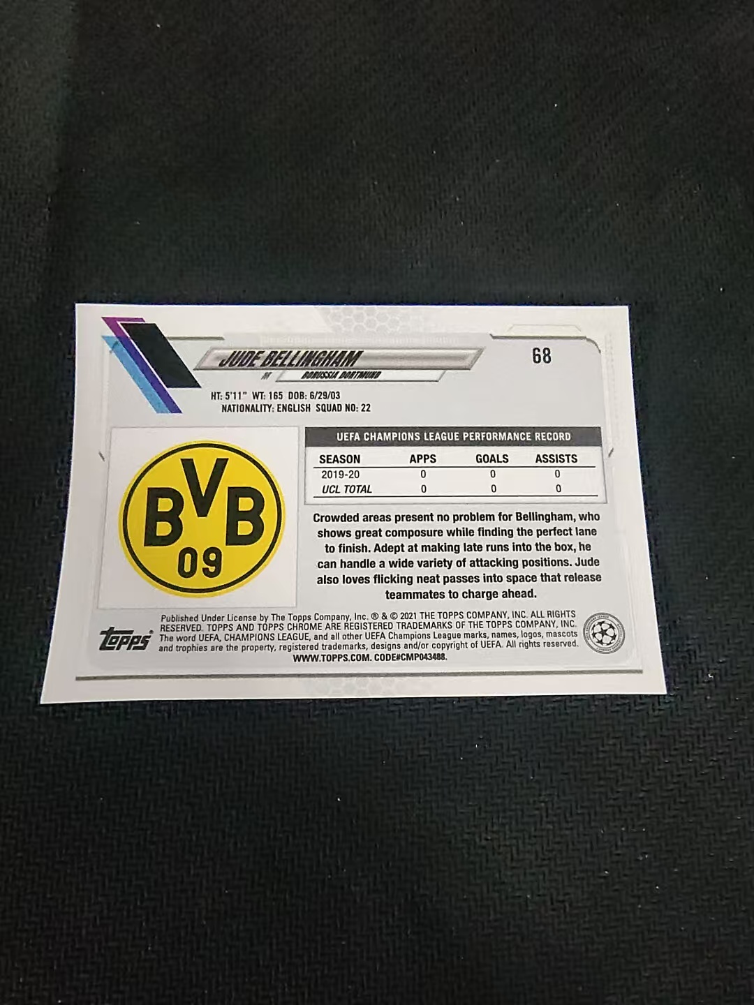 【可合并,不累计】2021 Topps Chrome Jude Bellingham RC 新秀 多特蒙德 祖德 贝林厄姆 欧冠 划痕 边角瑕疵 @68