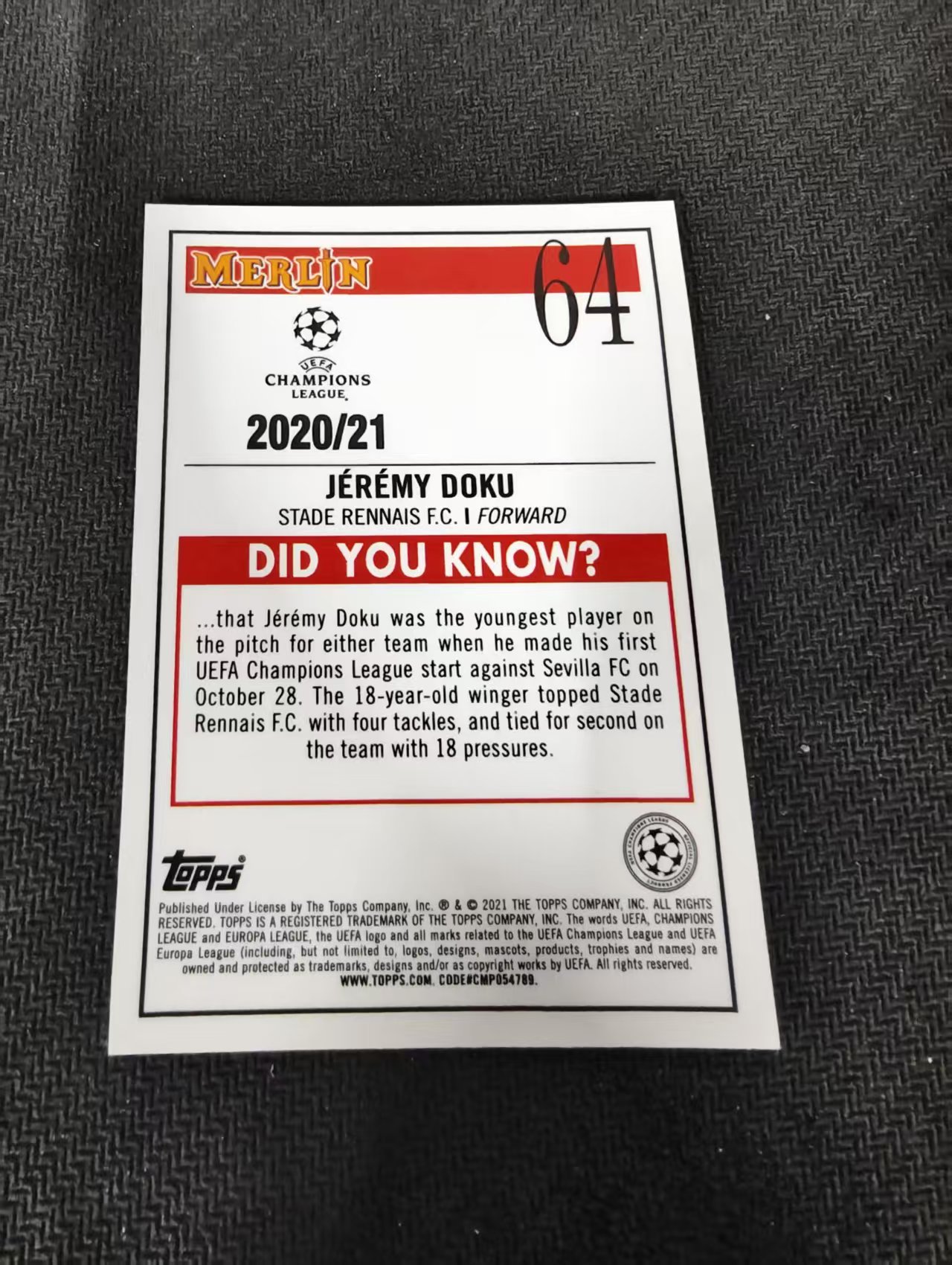 【可合并,不累计】2021 Topps Merlin chrome Jeremy Doku 多库 雷恩 欧冠 梅林 划痕 边角瑕疵 #64