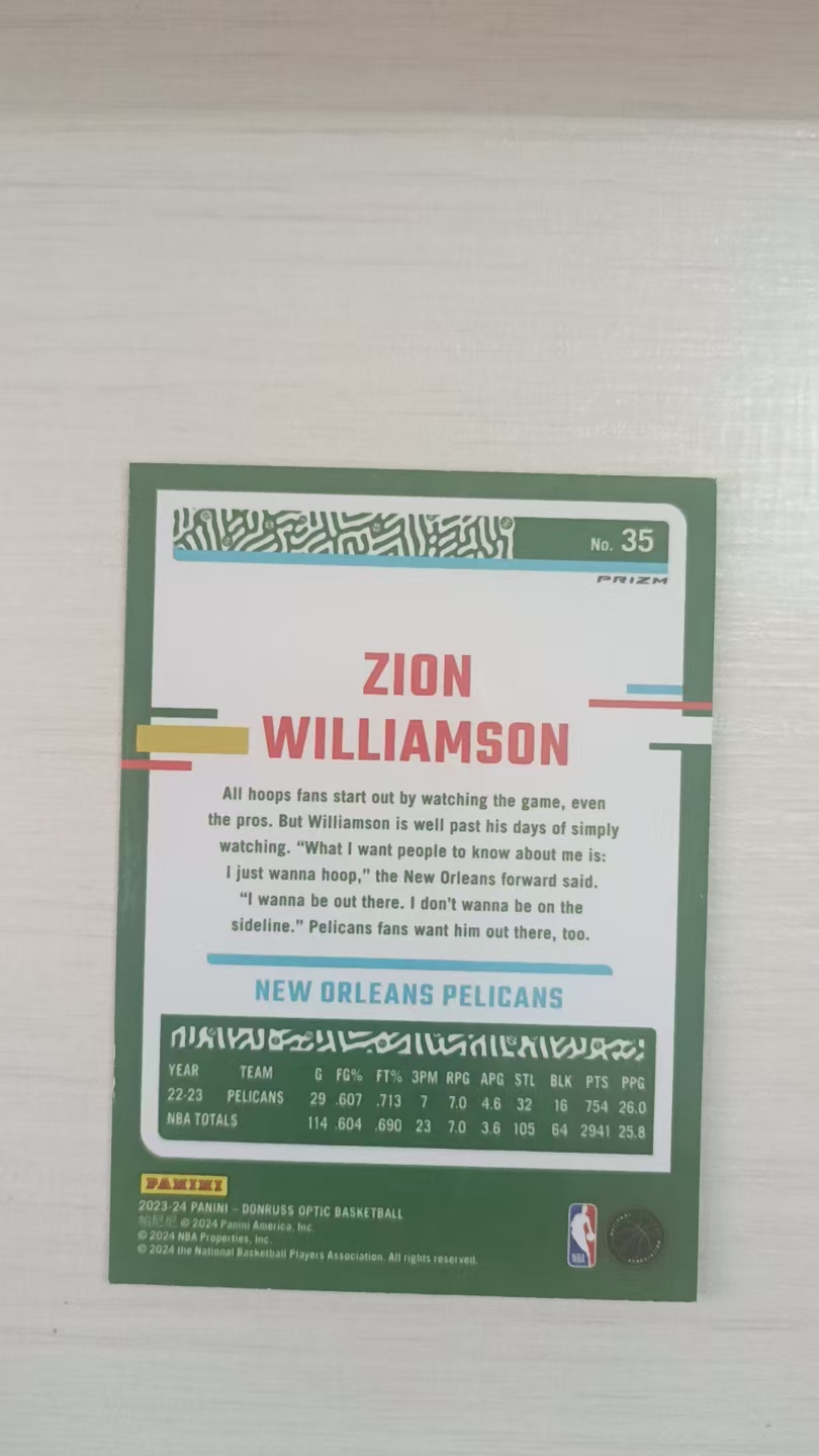 2023-24 Panini Donruss Optic Zion Williamson #35 胖虎 鹈鹕 锡安 威廉姆斯 杜蕾斯 折射